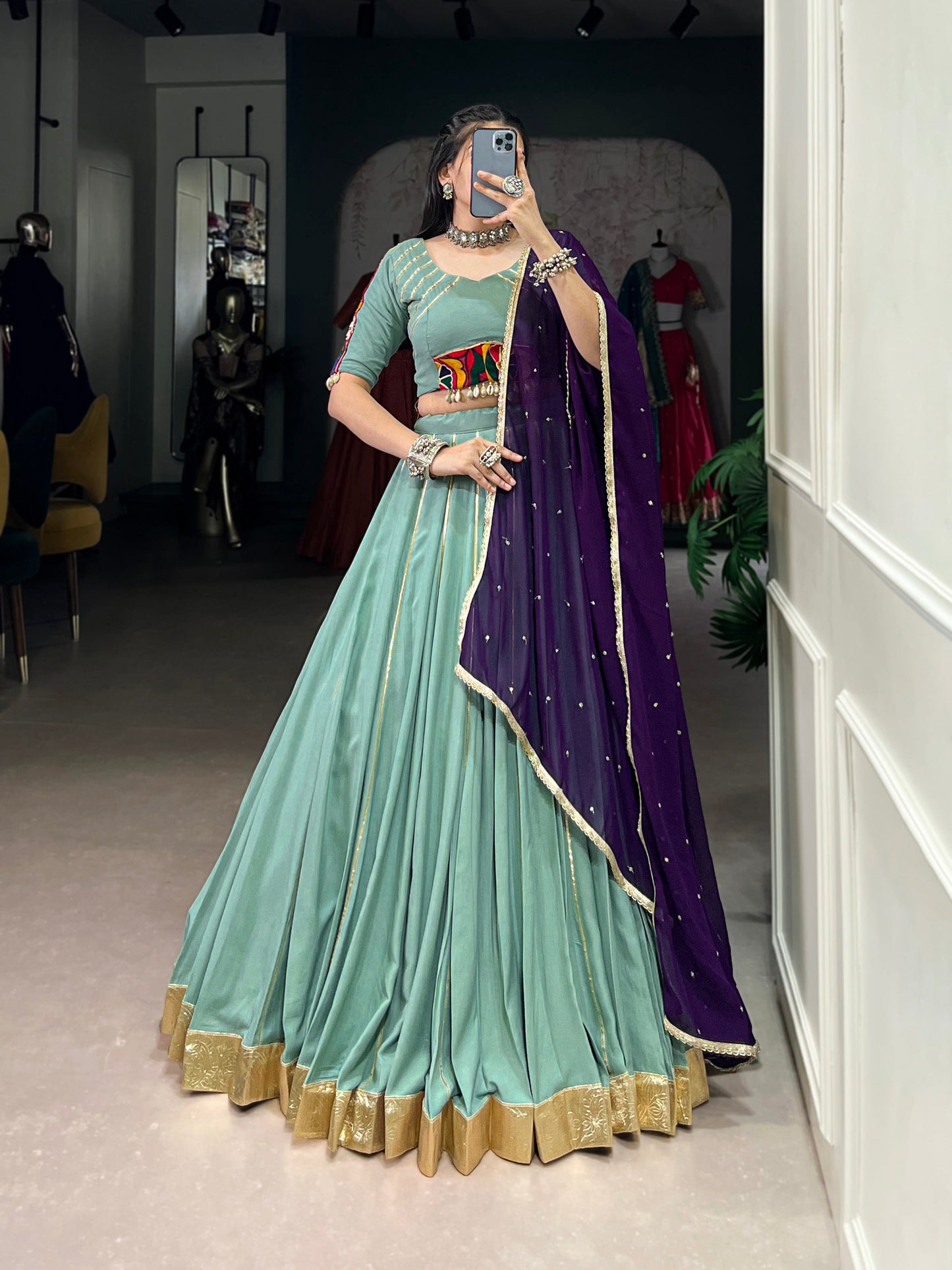 Lorenvalley Seagreen Pure Rayon Embossed Design With Gotta Patti Lace Touch Up Lehenga Choli with Dupatta | Swadesiicart