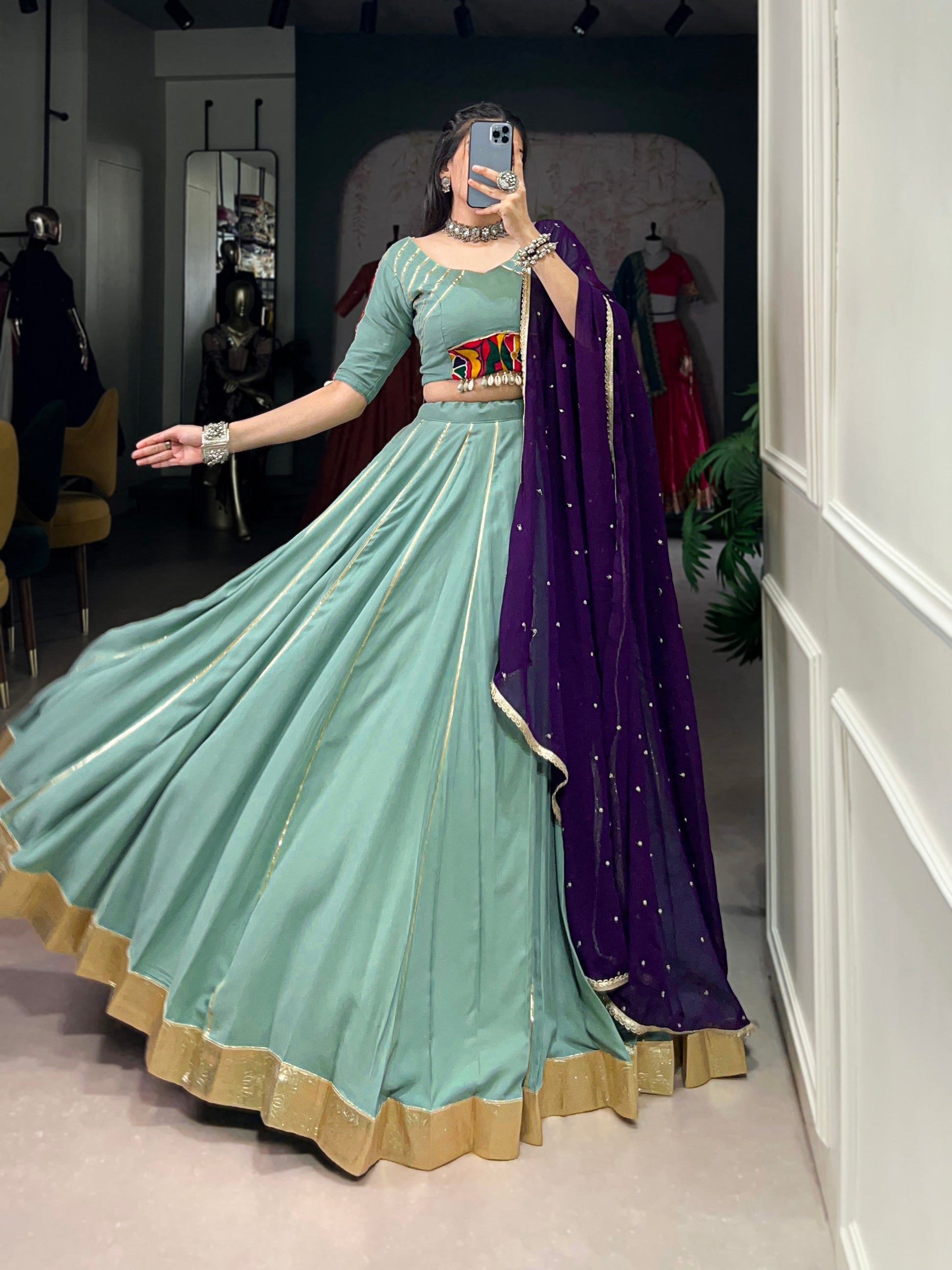 Lorenvalley Seagreen Pure Rayon Embossed Design With Gotta Patti Lace Touch Up Lehenga Choli with Dupatta | Swadesiicart