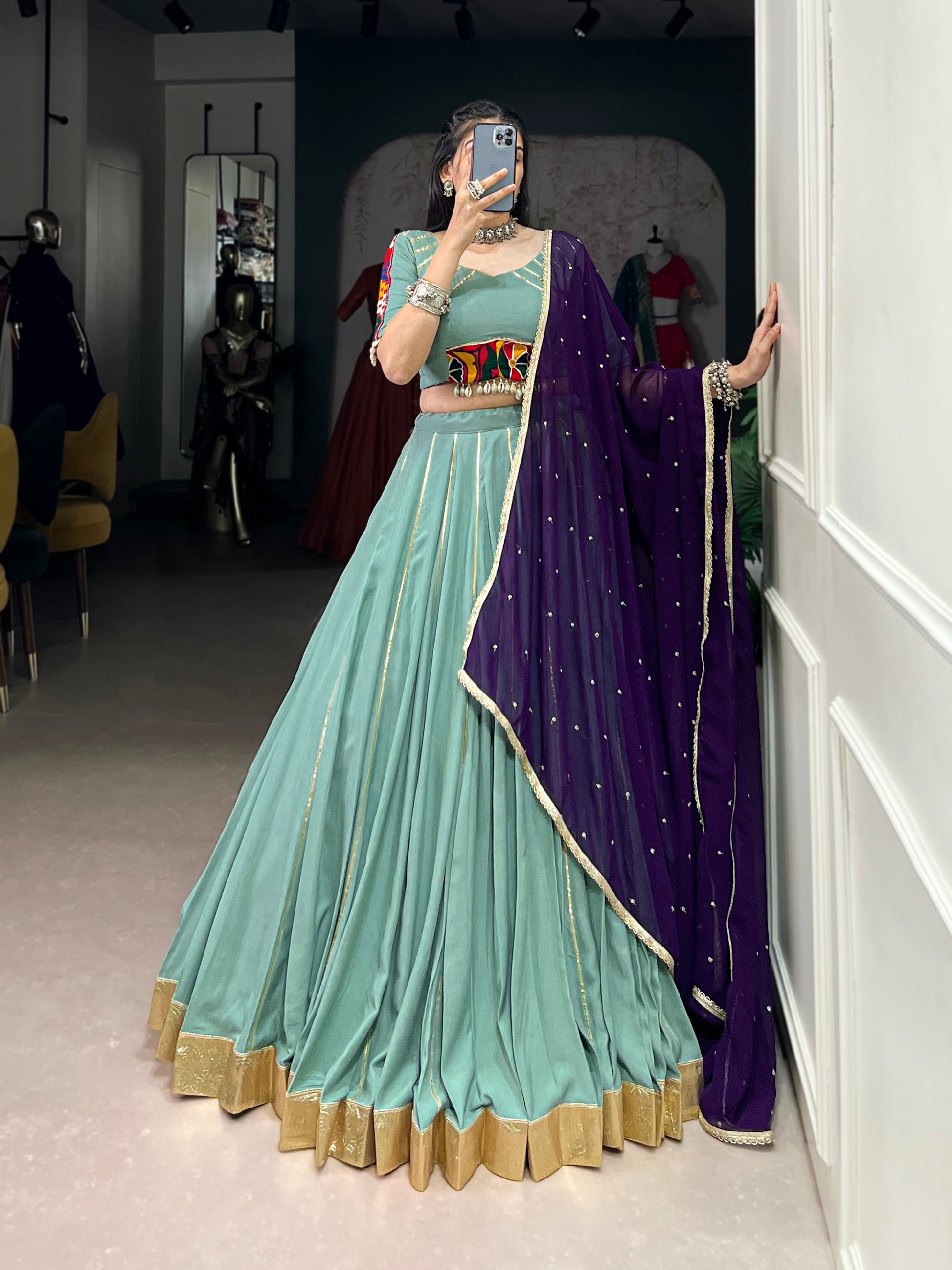 Lorenvalley Seagreen Pure Rayon Embossed Design With Gotta Patti Lace Touch Up Lehenga Choli with Dupatta | Swadesiicart