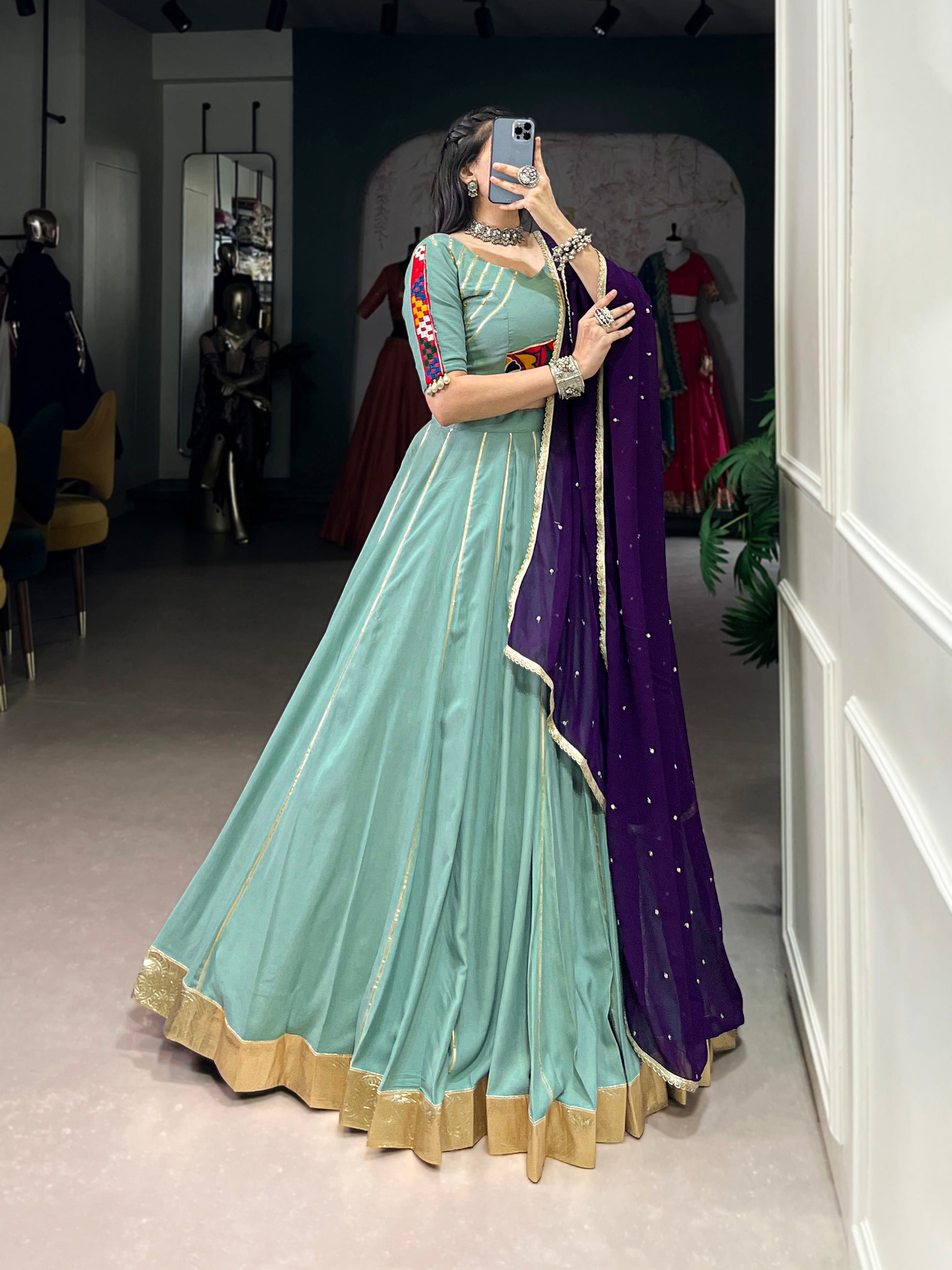Lorenvalley Seagreen Pure Rayon Embossed Design With Gotta Patti Lace Touch Up Lehenga Choli with Dupatta | Swadesiicart
