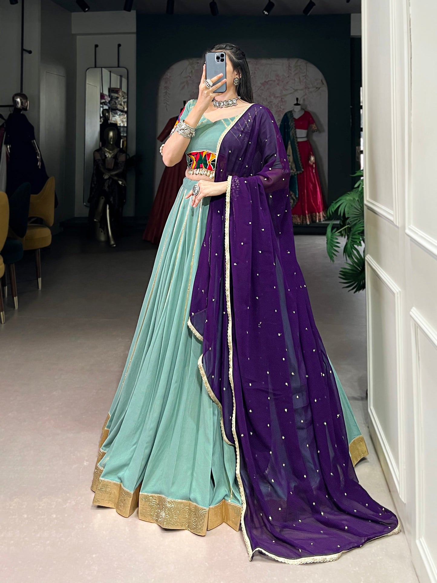 Lorenvalley Seagreen Pure Rayon Embossed Design With Gotta Patti Lace Touch Up Lehenga Choli with Dupatta | Swadesiicart