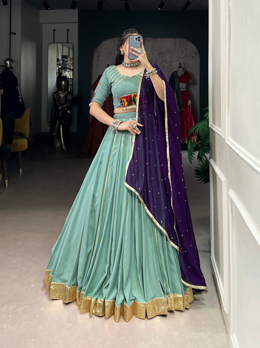 Lorenvalley Seagreen Pure Rayon Embossed Design With Gotta Patti Lace Touch Up Lehenga Choli with Dupatta | Swadesiicart