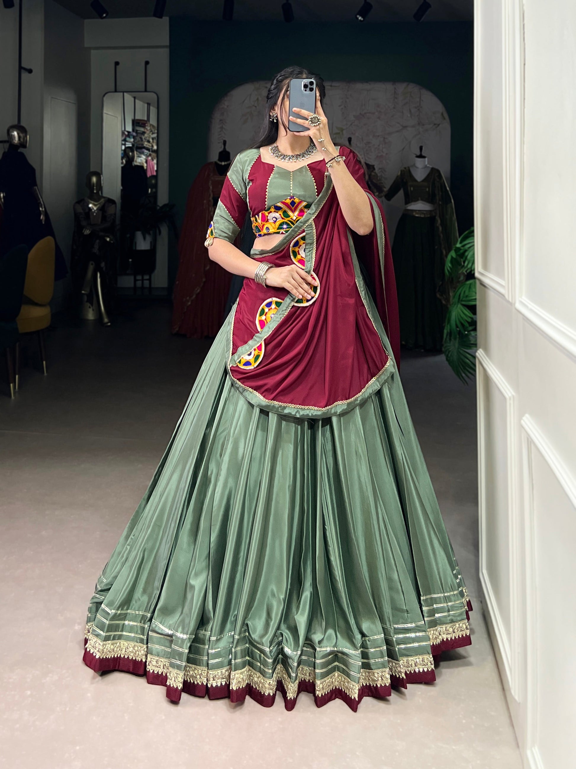 Lorenvalley Seagreen Silk Crepe Sequins And Thread Embroidery Gotta Patti Lace Touch Up Lehenga Choli with Dupatta | Swadesiicart