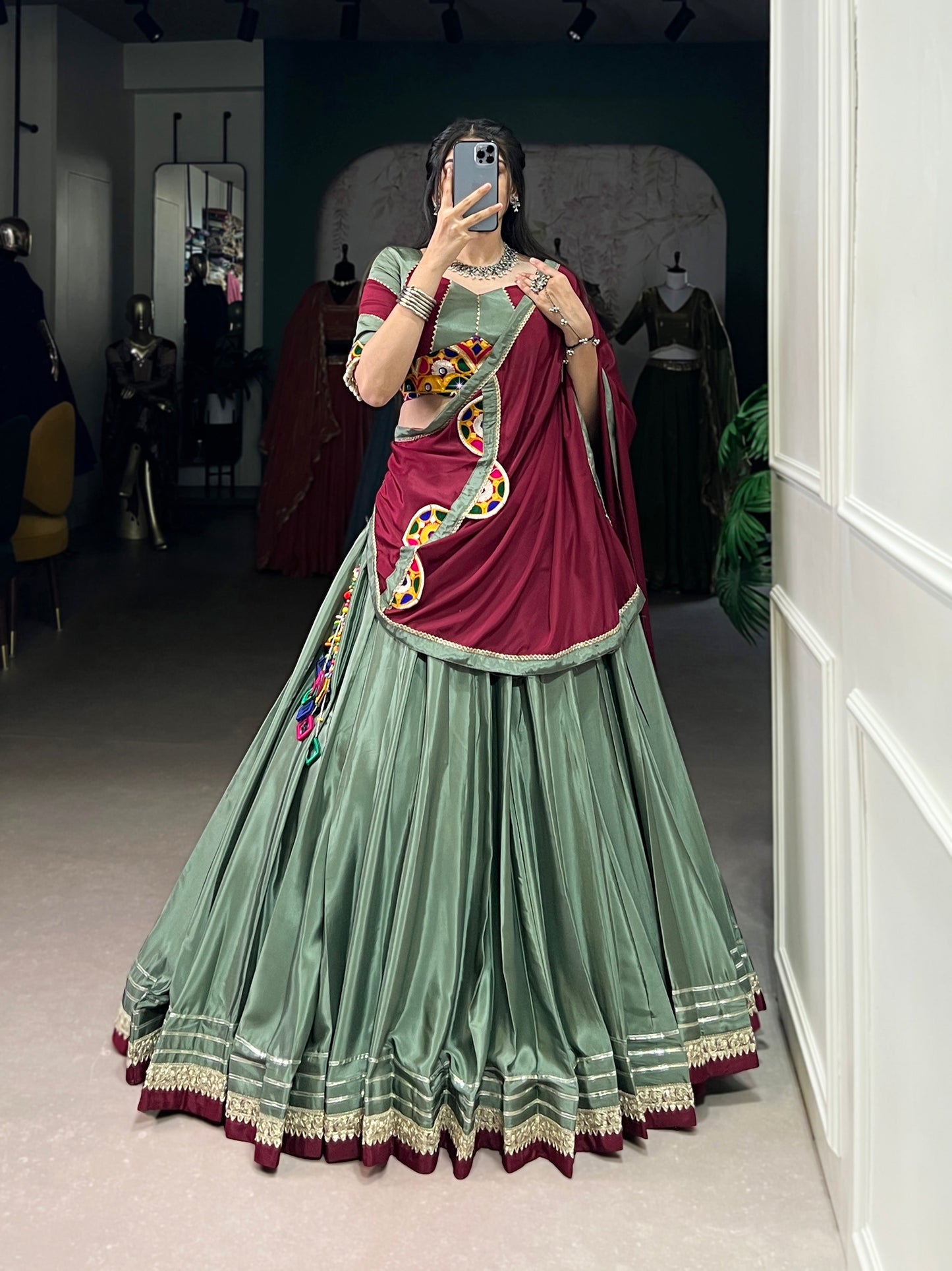 Lorenvalley Seagreen Silk Crepe Sequins And Thread Embroidery Gotta Patti Lace Touch Up Lehenga Choli with Dupatta | Swadesiicart