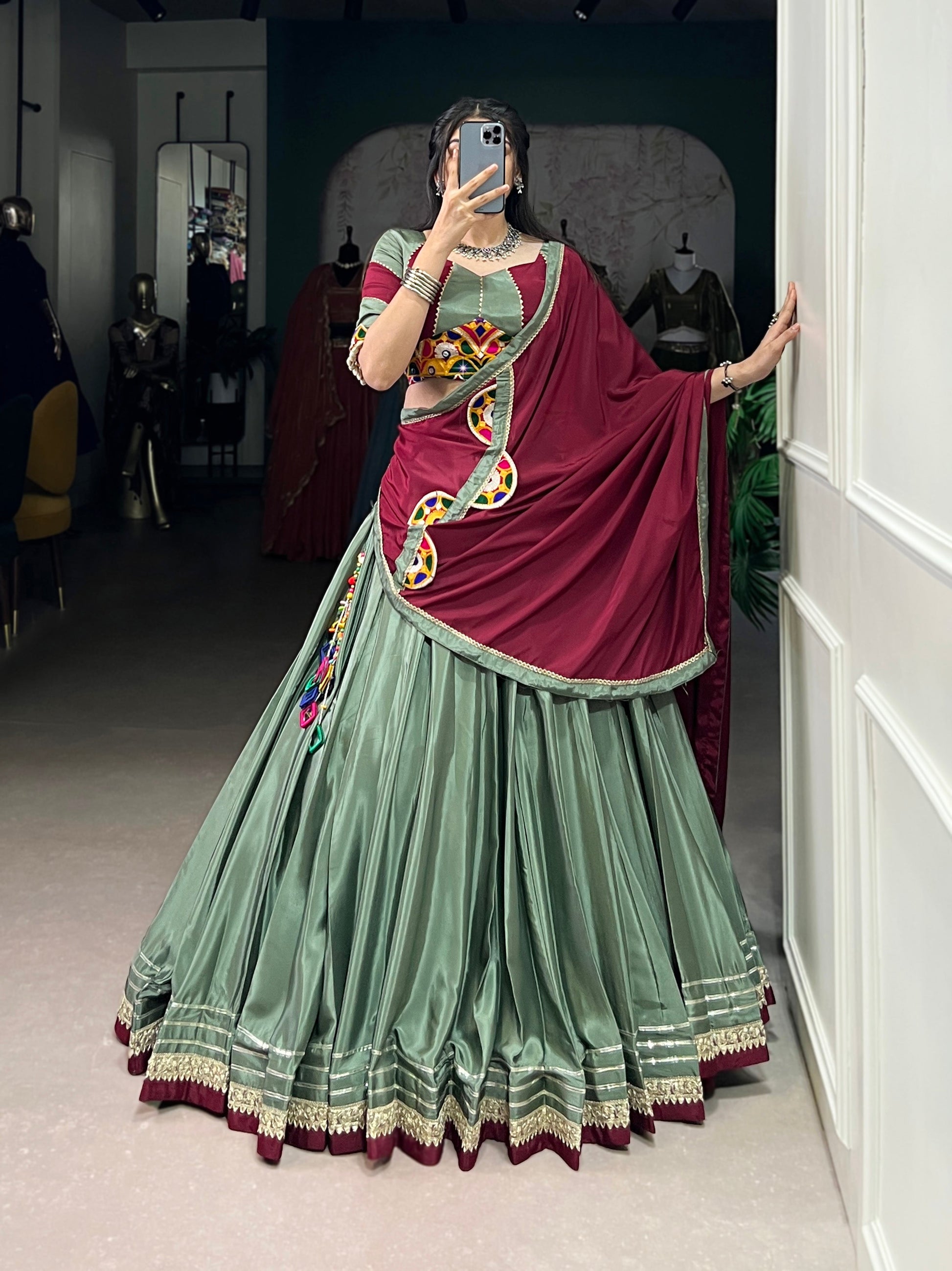 Lorenvalley Seagreen Silk Crepe Sequins And Thread Embroidery Gotta Patti Lace Touch Up Lehenga Choli with Dupatta | Swadesiicart