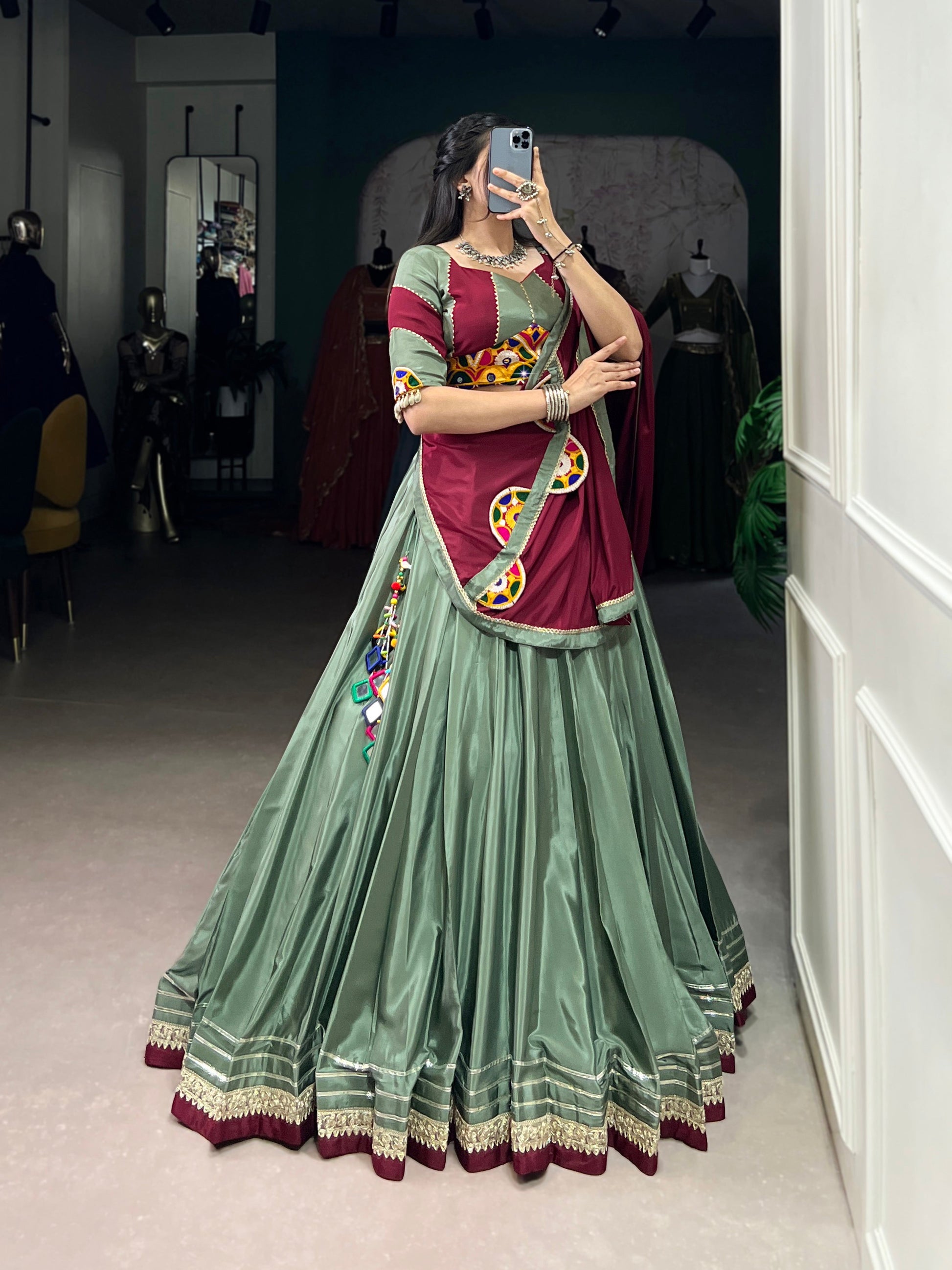 Lorenvalley Seagreen Silk Crepe Sequins And Thread Embroidery Gotta Patti Lace Touch Up Lehenga Choli with Dupatta | Swadesiicart