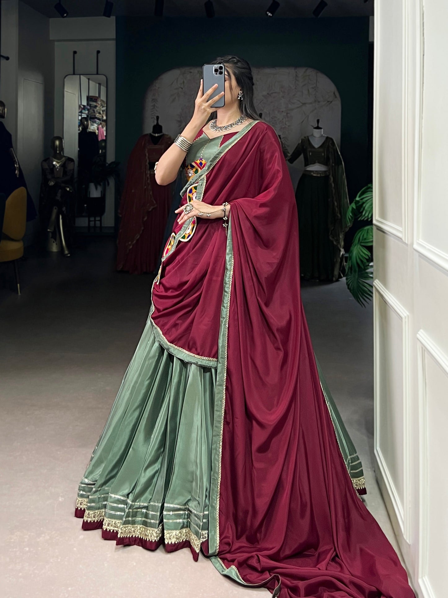 Lorenvalley Seagreen Silk Crepe Sequins And Thread Embroidery Gotta Patti Lace Touch Up Lehenga Choli with Dupatta | Swadesiicart