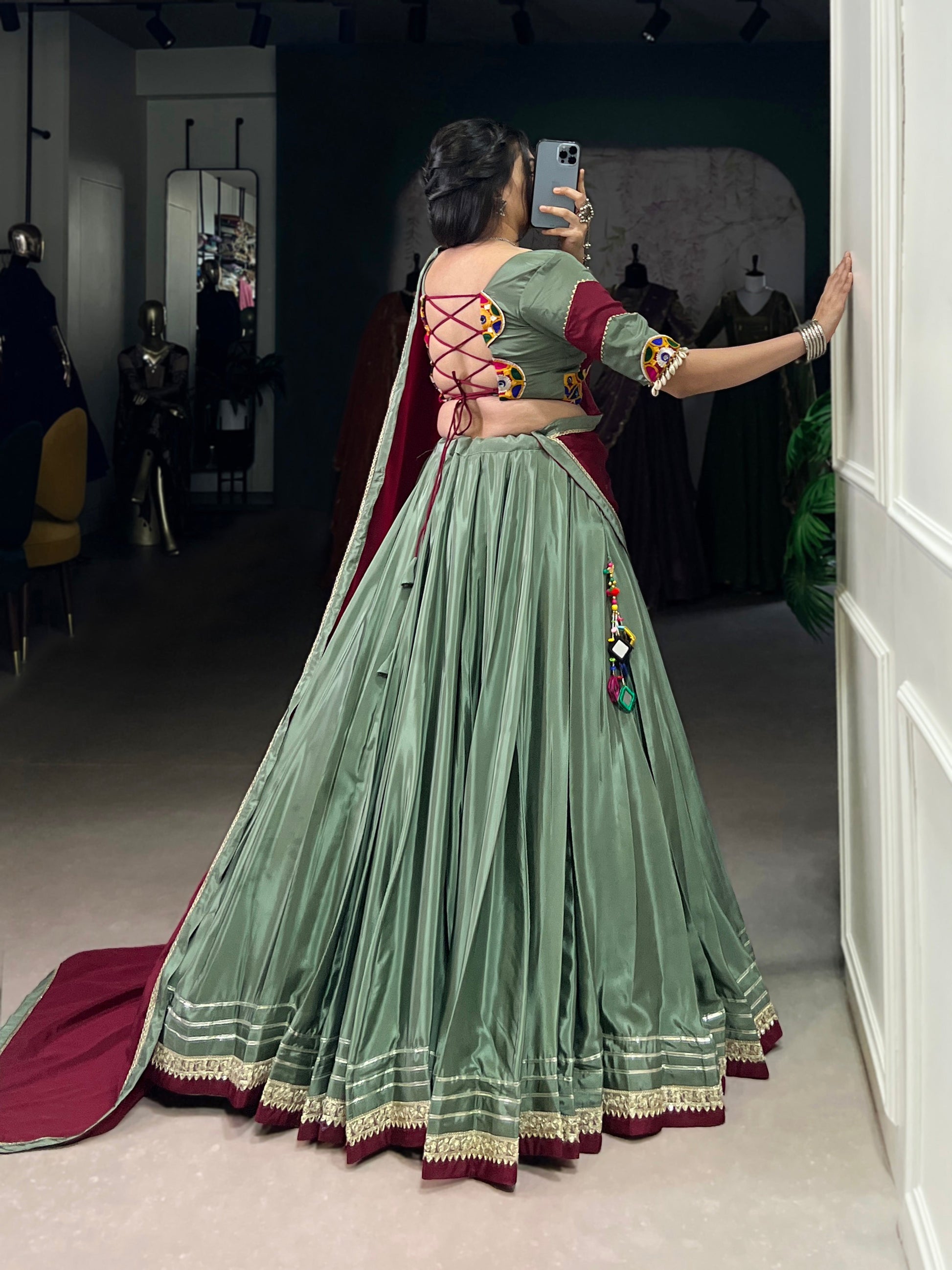 Lorenvalley Seagreen Silk Crepe Sequins And Thread Embroidery Gotta Patti Lace Touch Up Lehenga Choli with Dupatta | Swadesiicart