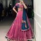 Lorenvalley Pink Silk Crepe Sequins And Thread Embroidery Gotta Patti Lace Touch Up Lehenga Choli with Dupatta | Swadesiicart