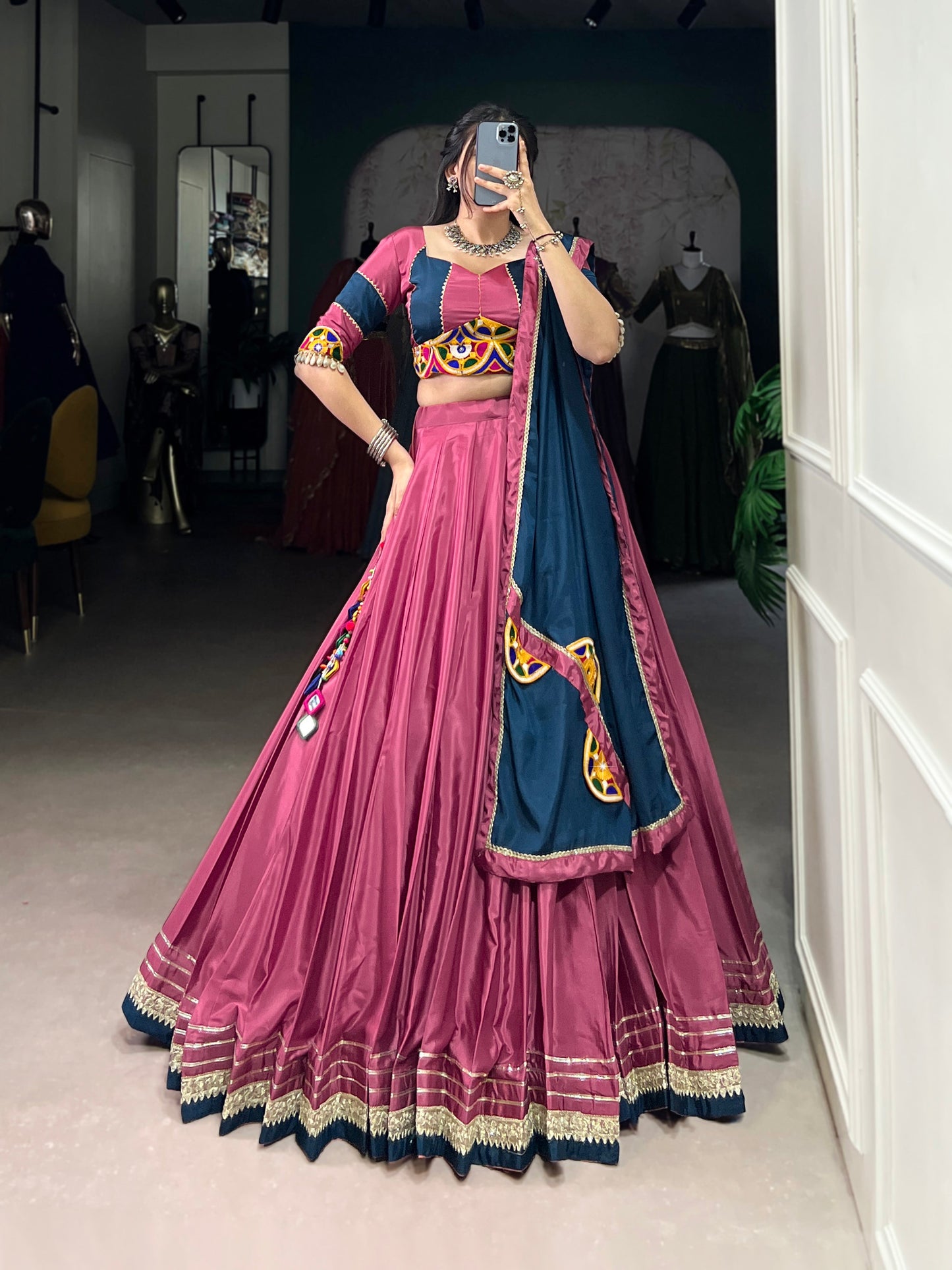 Lorenvalley Pink Silk Crepe Sequins And Thread Embroidery Gotta Patti Lace Touch Up Lehenga Choli with Dupatta | Swadesiicart
