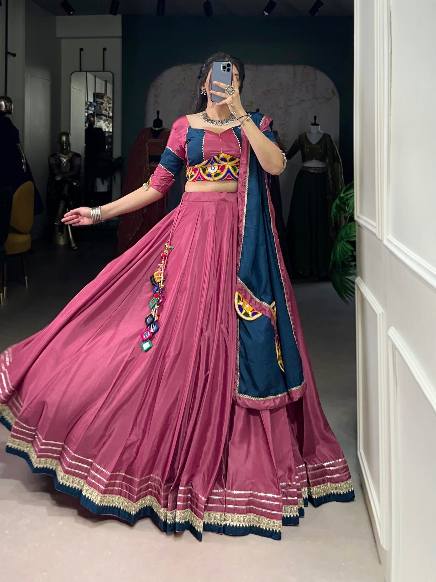 Lorenvalley Pink Silk Crepe Sequins And Thread Embroidery Gotta Patti Lace Touch Up Lehenga Choli with Dupatta | Swadesiicart