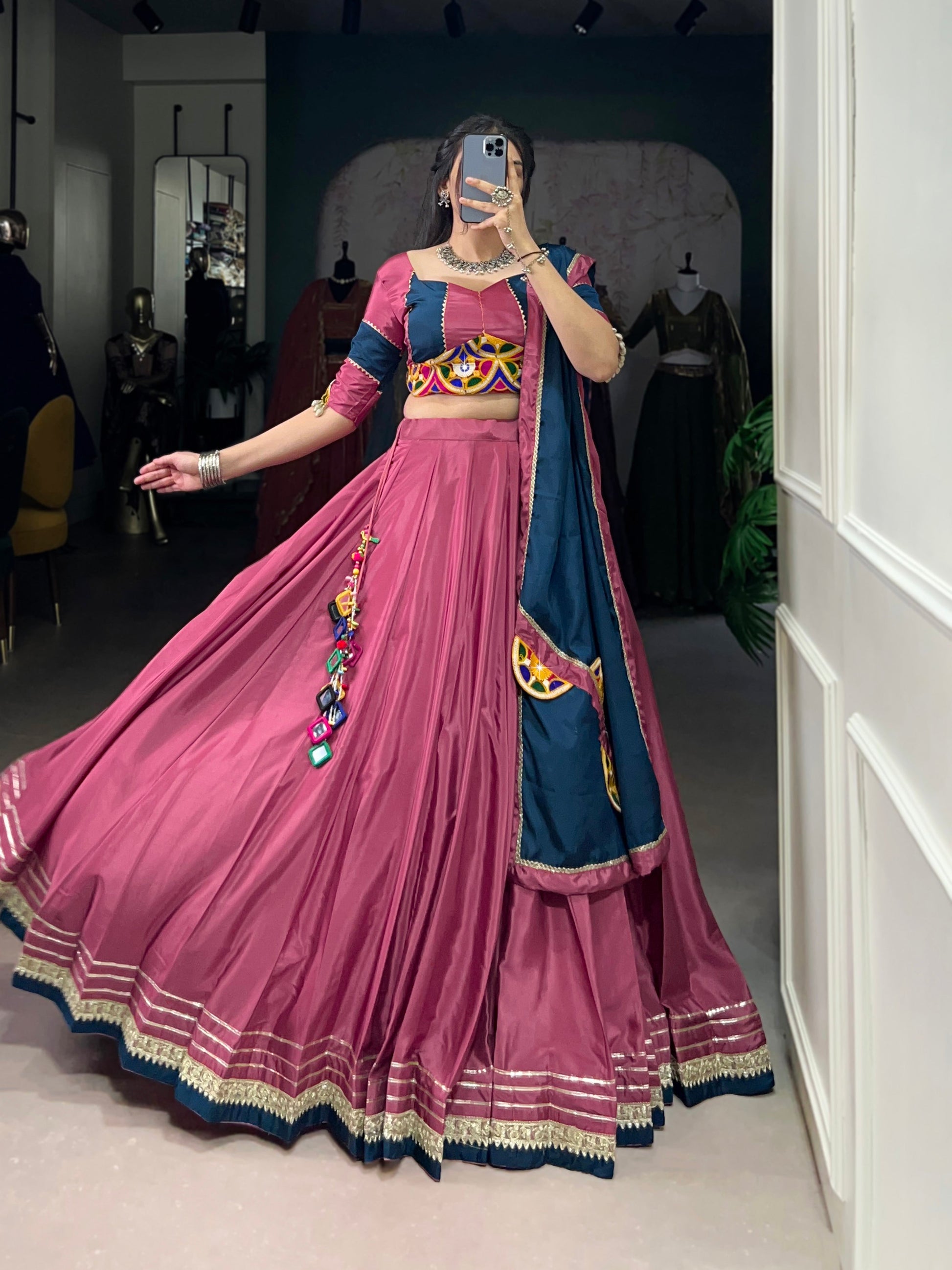 Lorenvalley Pink Silk Crepe Sequins And Thread Embroidery Gotta Patti Lace Touch Up Lehenga Choli with Dupatta | Swadesiicart