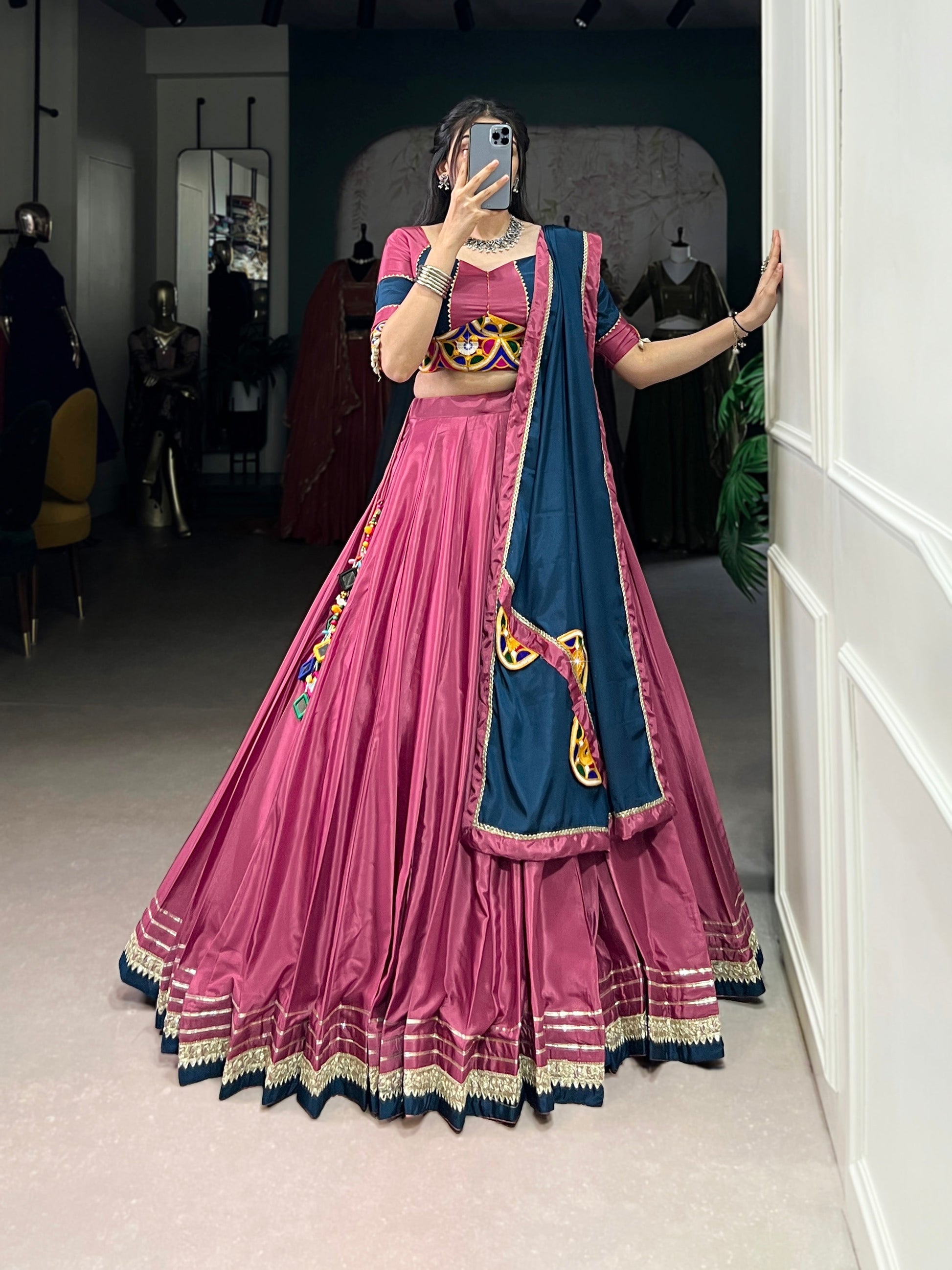 Lorenvalley Pink Silk Crepe Sequins And Thread Embroidery Gotta Patti Lace Touch Up Lehenga Choli with Dupatta | Swadesiicart