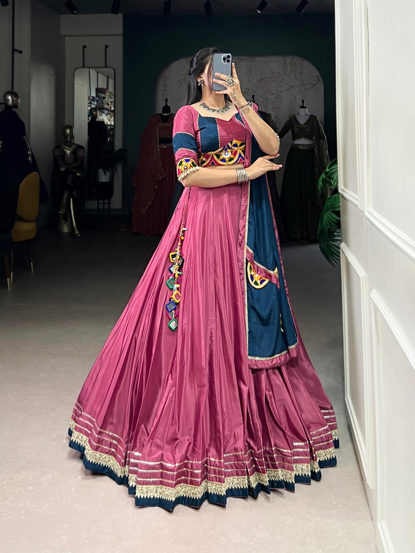 Lorenvalley Pink Silk Crepe Sequins And Thread Embroidery Gotta Patti Lace Touch Up Lehenga Choli with Dupatta | Swadesiicart