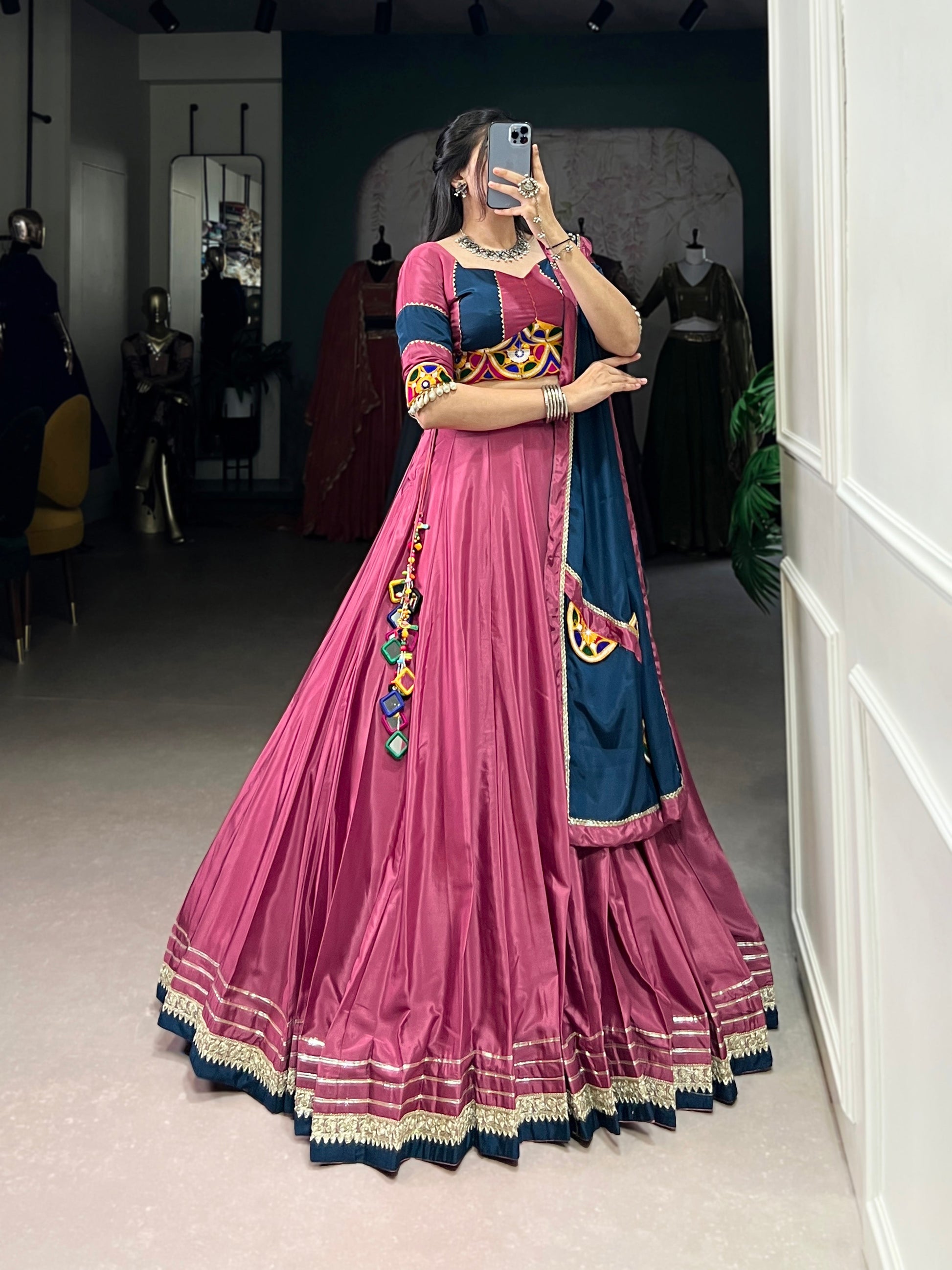Lorenvalley Pink Silk Crepe Sequins And Thread Embroidery Gotta Patti Lace Touch Up Lehenga Choli with Dupatta | Swadesiicart