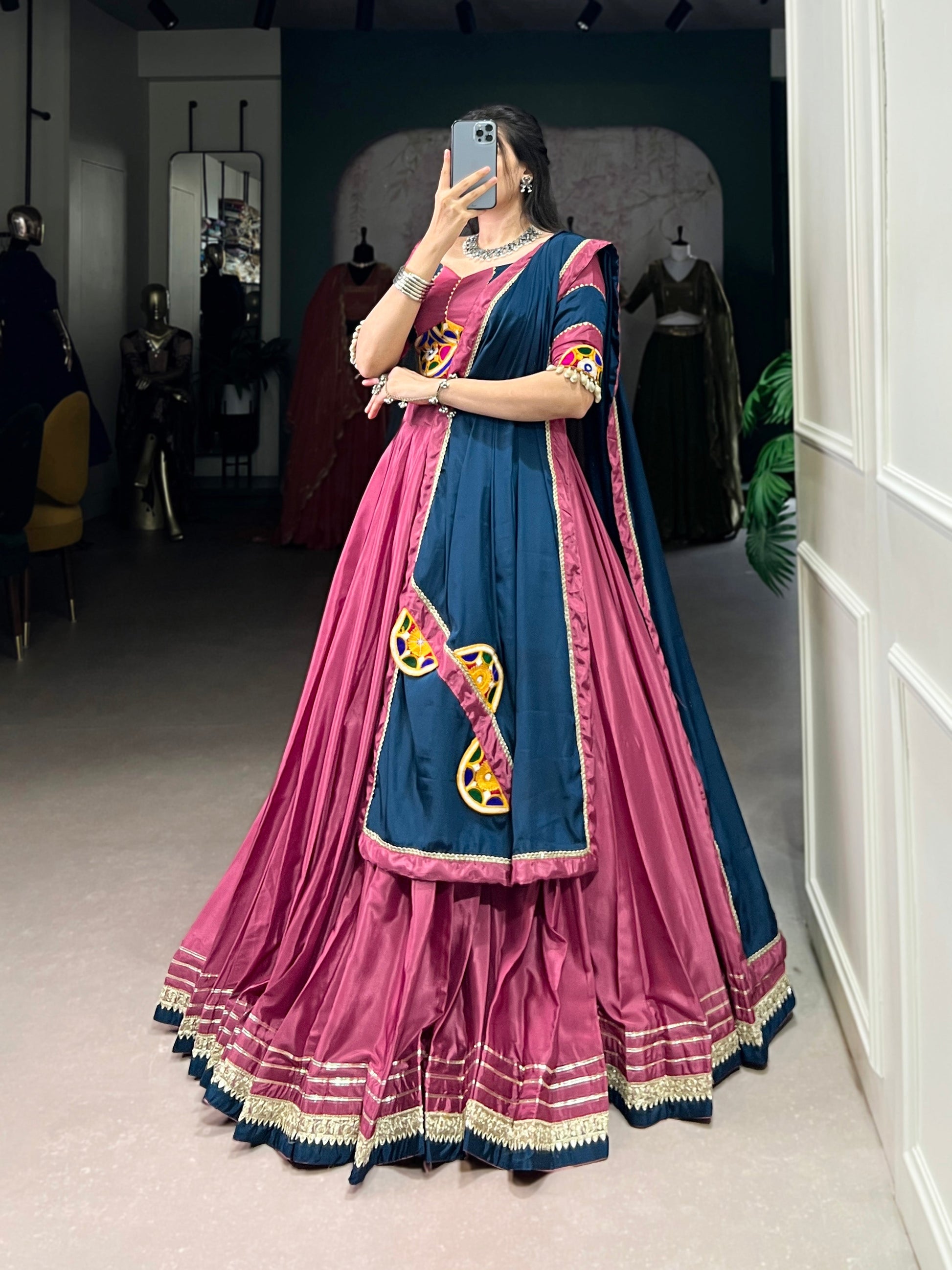Lorenvalley Pink Silk Crepe Sequins And Thread Embroidery Gotta Patti Lace Touch Up Lehenga Choli with Dupatta | Swadesiicart