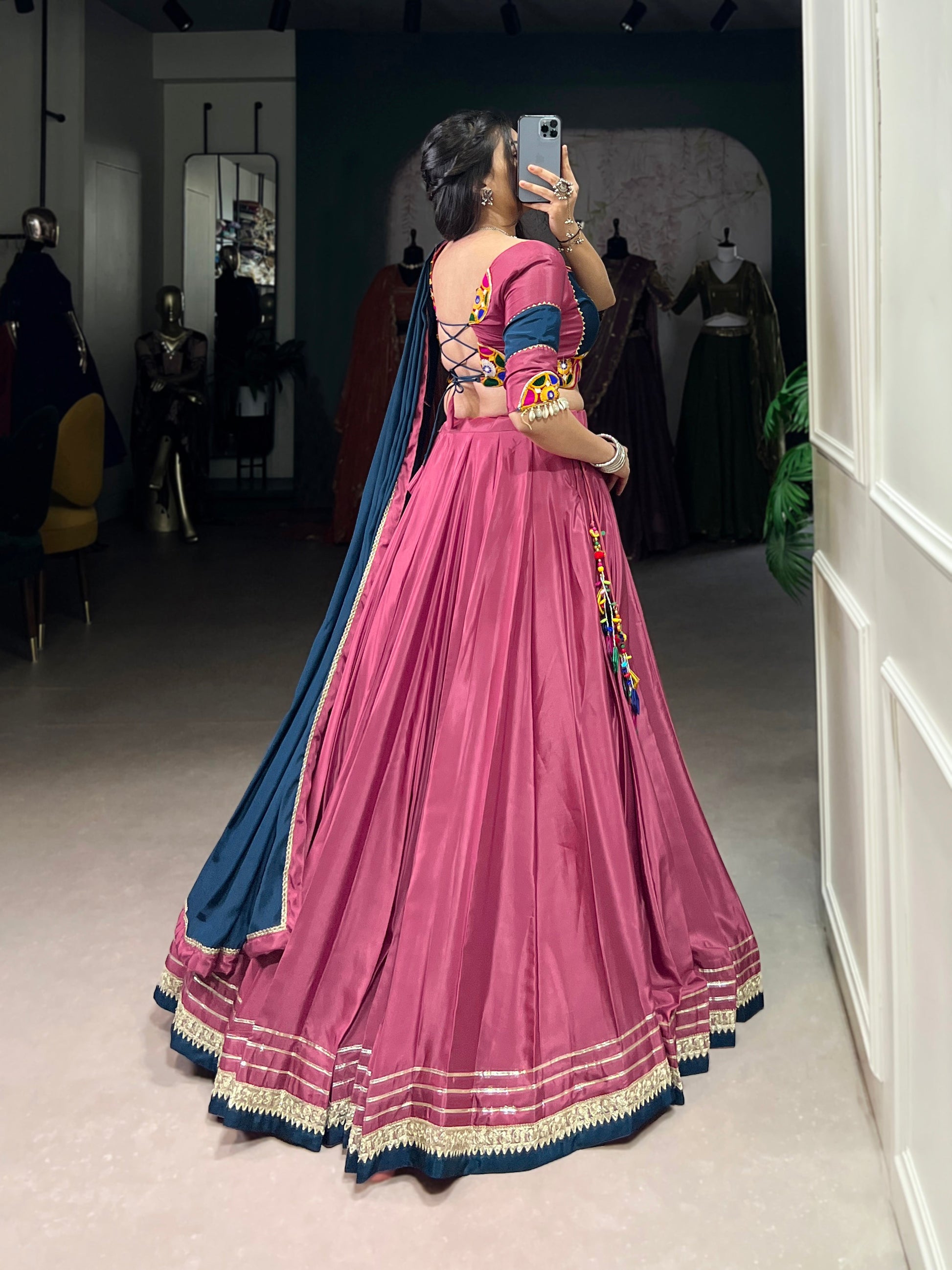 Lorenvalley Pink Silk Crepe Sequins And Thread Embroidery Gotta Patti Lace Touch Up Lehenga Choli with Dupatta | Swadesiicart