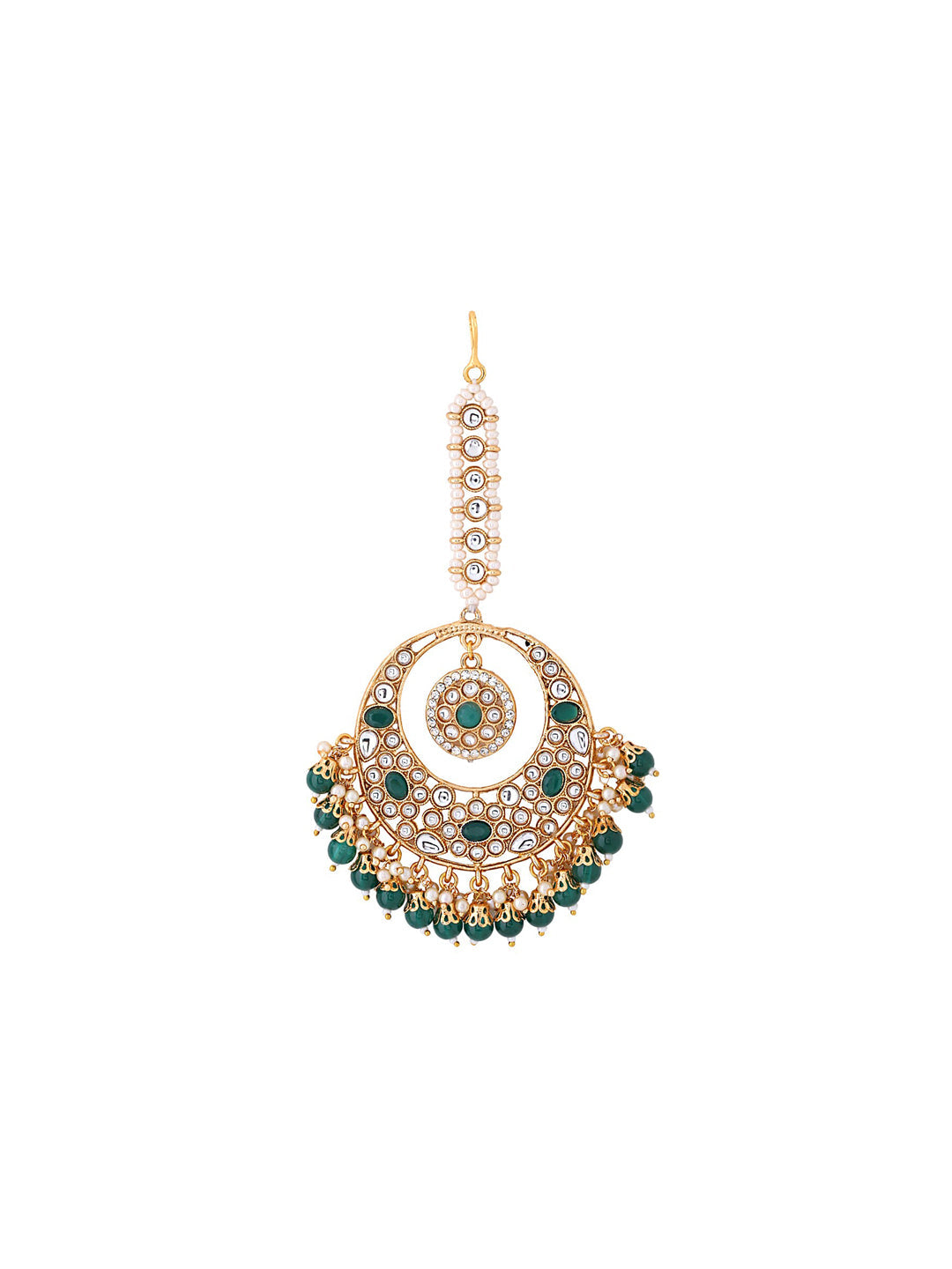 Yellow Chimes Gold-Polished White & Green Kundan-Studded & Beaded Maang Tikka | Swadesiicart
