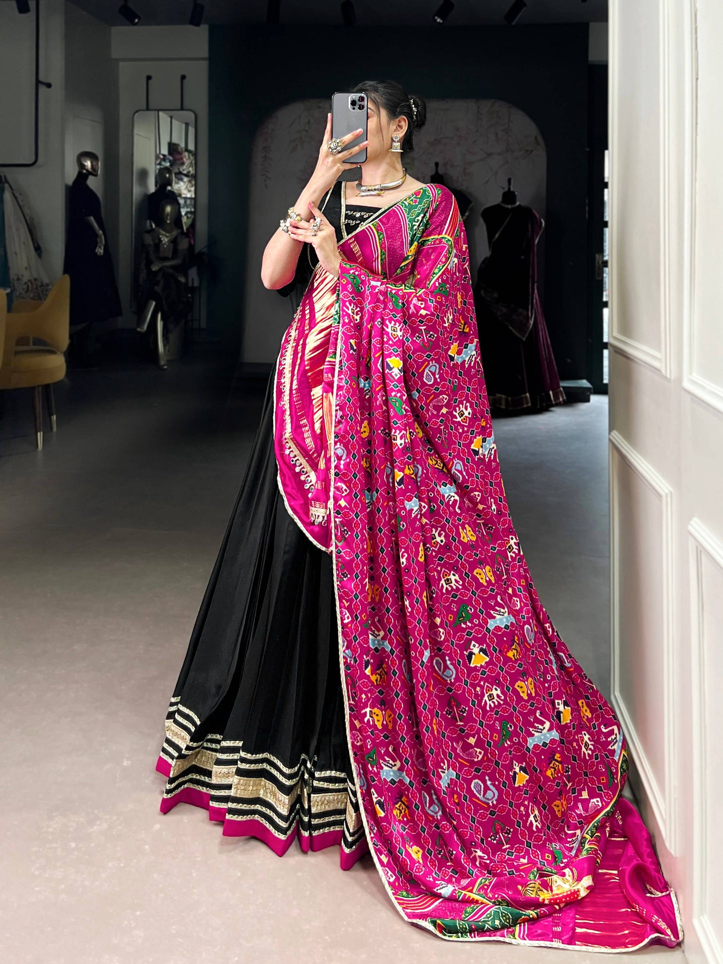 Lorenvalley Fashion Black Silk Georgette Lace Touch Up Lehenga Choli with Dupatta | Swadesiicart