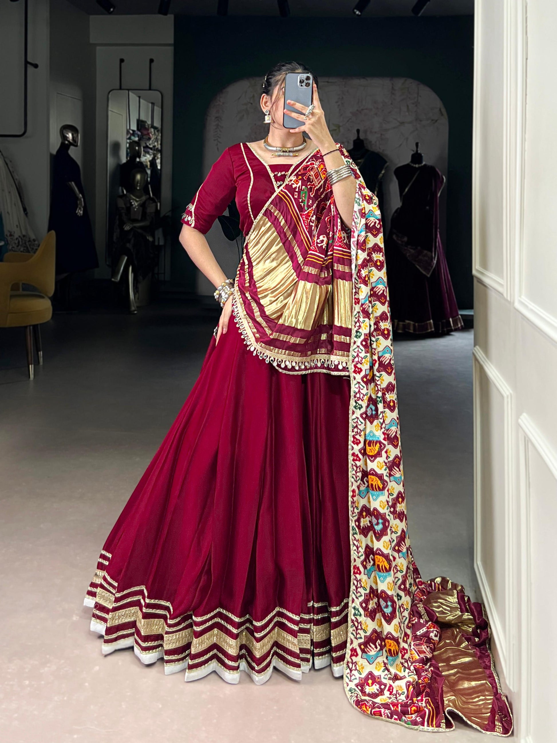 Lorenvalley Fashion Maroon Silk Georgette Lace Touch Up Lehenga Choli with Dupatta | Swadesiicart