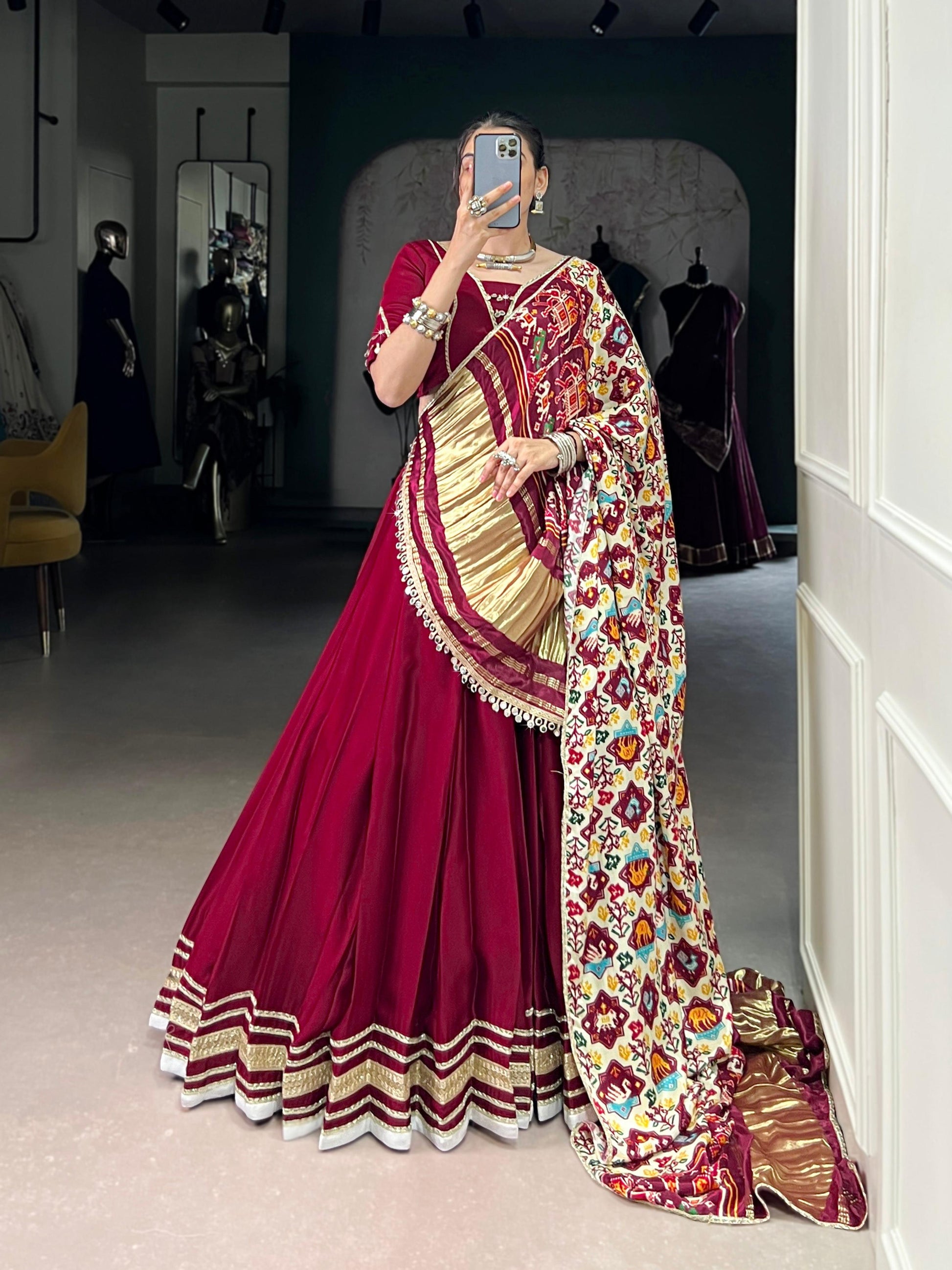 Lorenvalley Fashion Maroon Silk Georgette Lace Touch Up Lehenga Choli with Dupatta | Swadesiicart