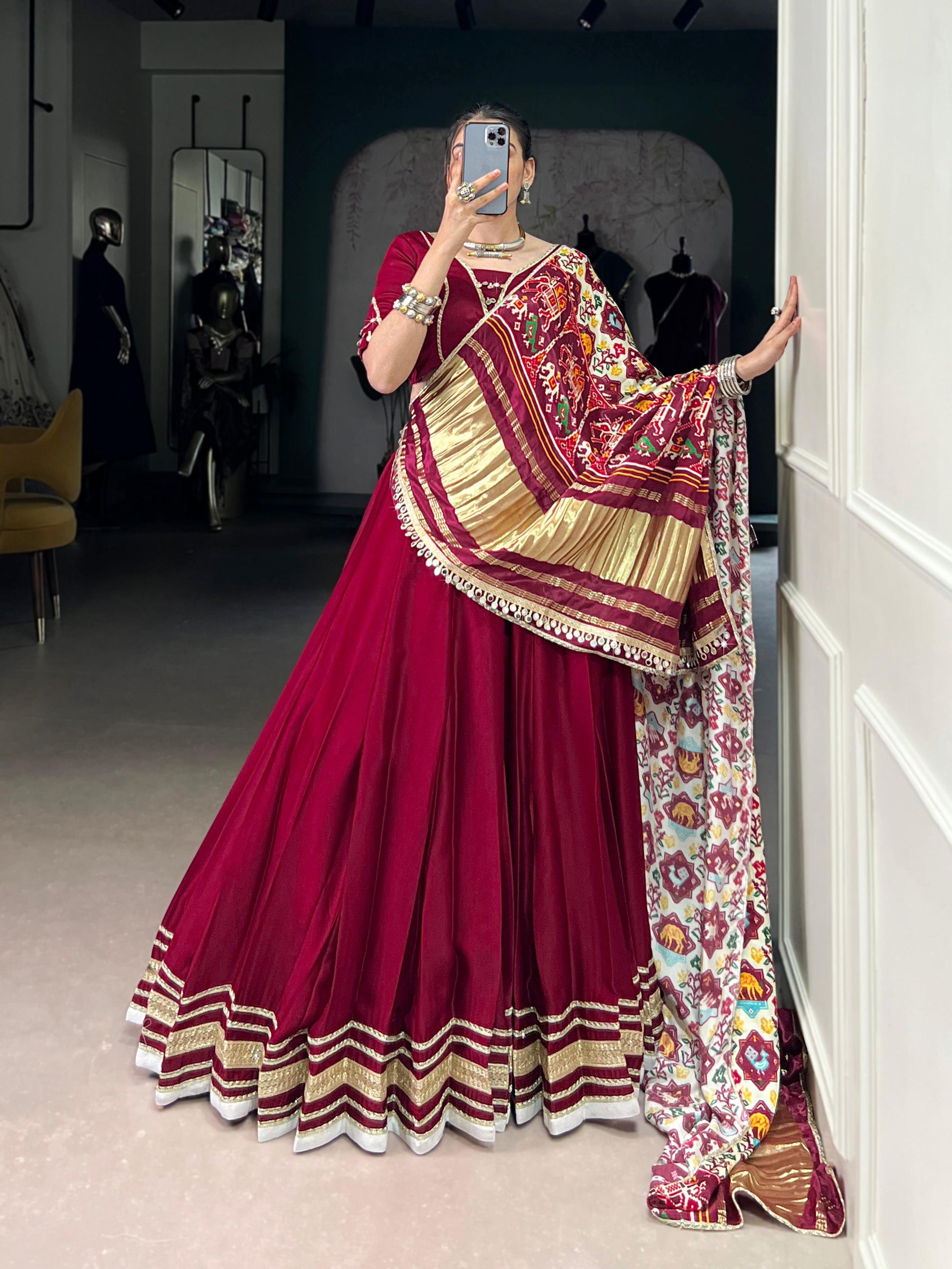 Lorenvalley Fashion Maroon Silk Georgette Lace Touch Up Lehenga Choli with Dupatta | Swadesiicart