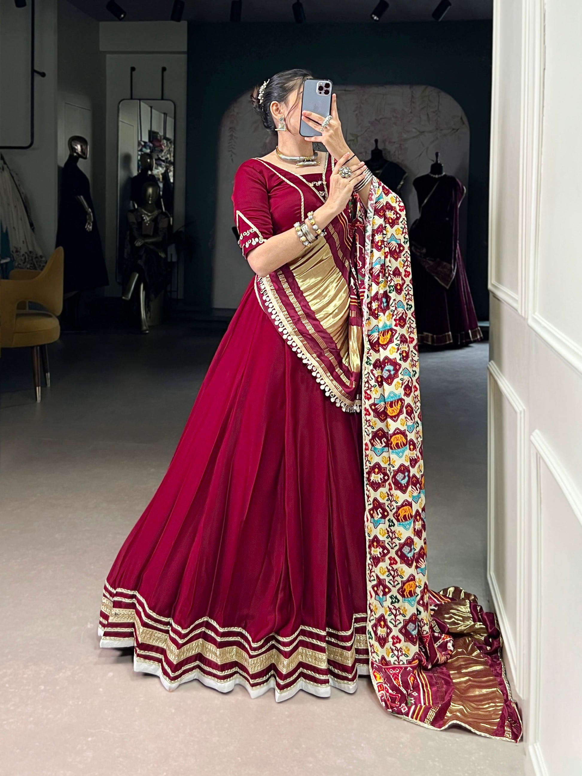 Lorenvalley Fashion Maroon Silk Georgette Lace Touch Up Lehenga Choli with Dupatta | Swadesiicart