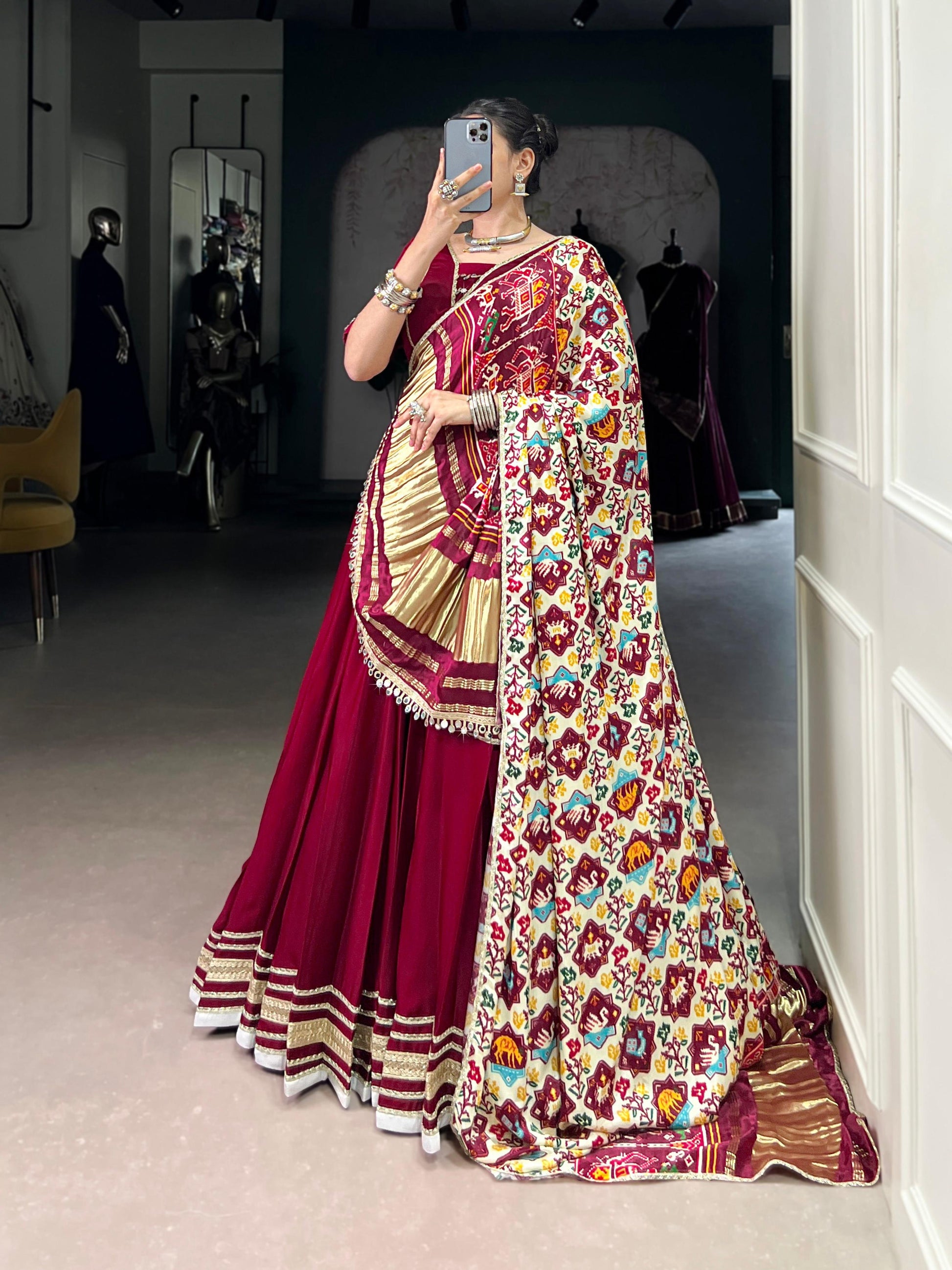 Lorenvalley Fashion Maroon Silk Georgette Lace Touch Up Lehenga Choli with Dupatta | Swadesiicart