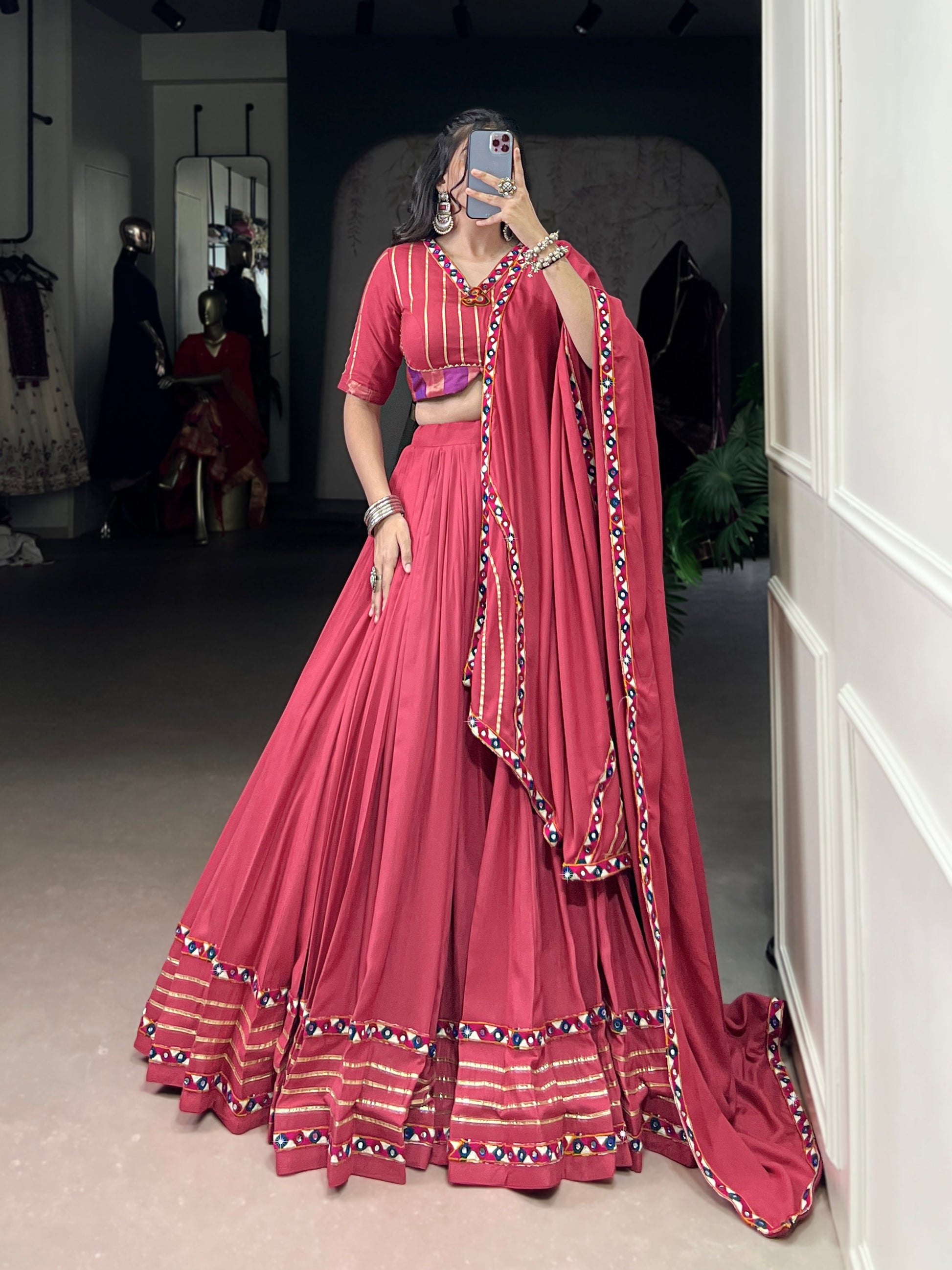 Lorenvalley Fashion Darkpink Pure Rayon Original Mirror Gamthi Work With Gotta Patti Lace Touch Up Lehenga Choli with Dupatta | Swadesiicart