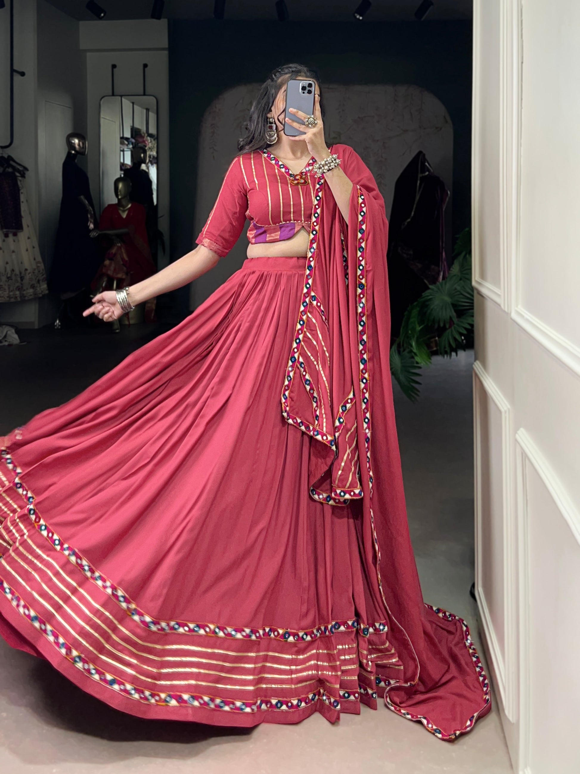 Lorenvalley Fashion Darkpink Pure Rayon Original Mirror Gamthi Work With Gotta Patti Lace Touch Up Lehenga Choli with Dupatta | Swadesiicart