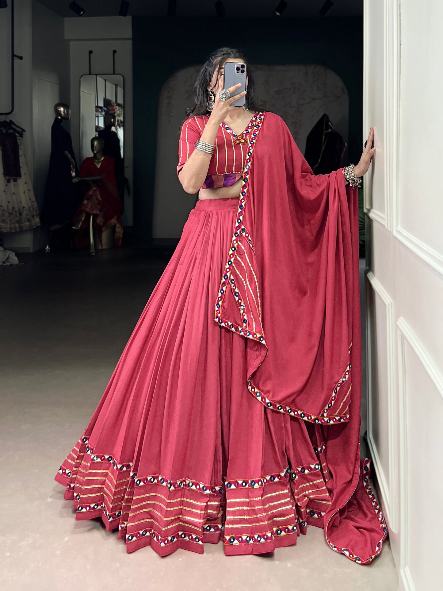 Lorenvalley Fashion Darkpink Pure Rayon Original Mirror Gamthi Work With Gotta Patti Lace Touch Up Lehenga Choli with Dupatta | Swadesiicart