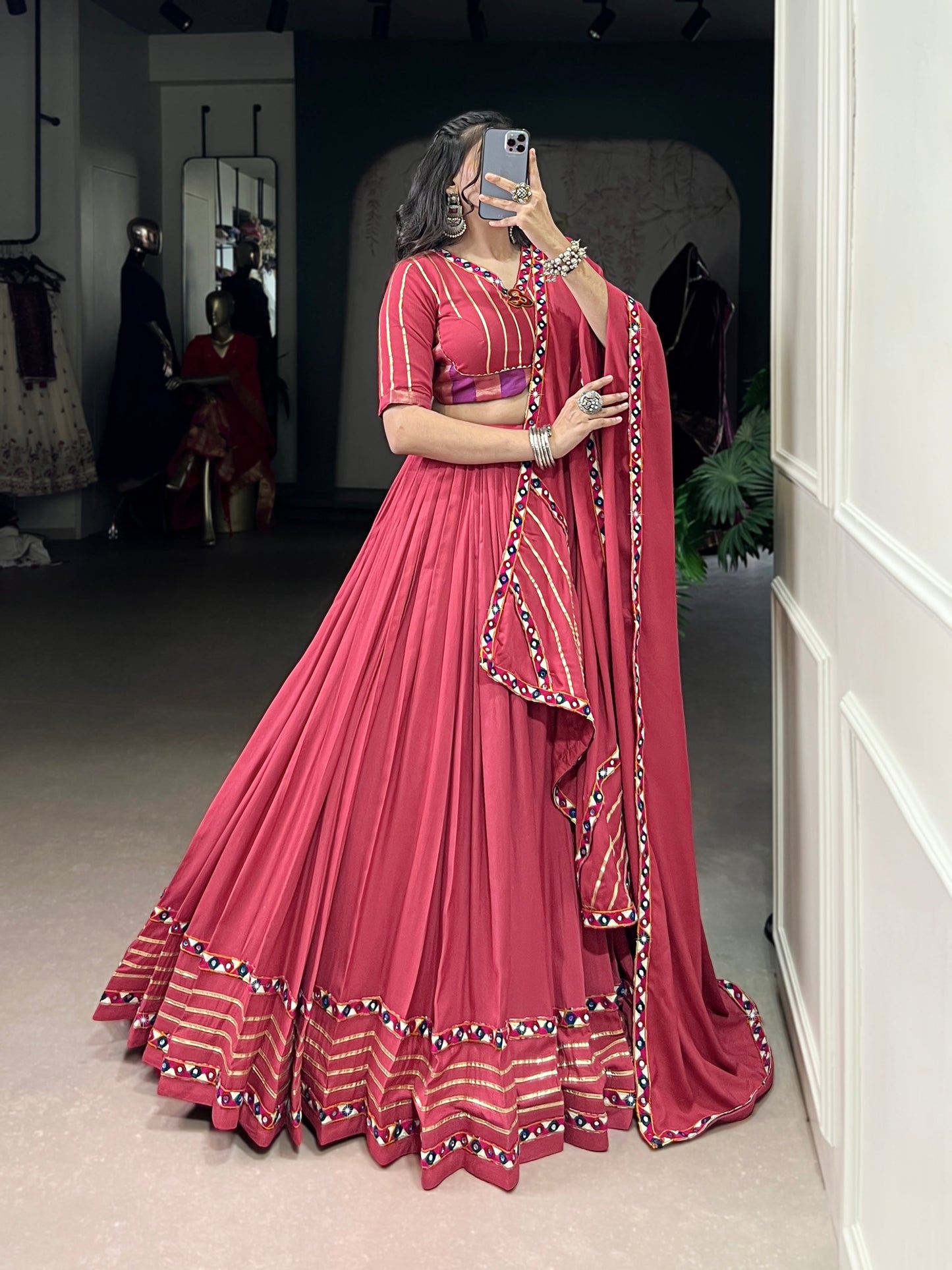 Lorenvalley Fashion Darkpink Pure Rayon Original Mirror Gamthi Work With Gotta Patti Lace Touch Up Lehenga Choli with Dupatta | Swadesiicart