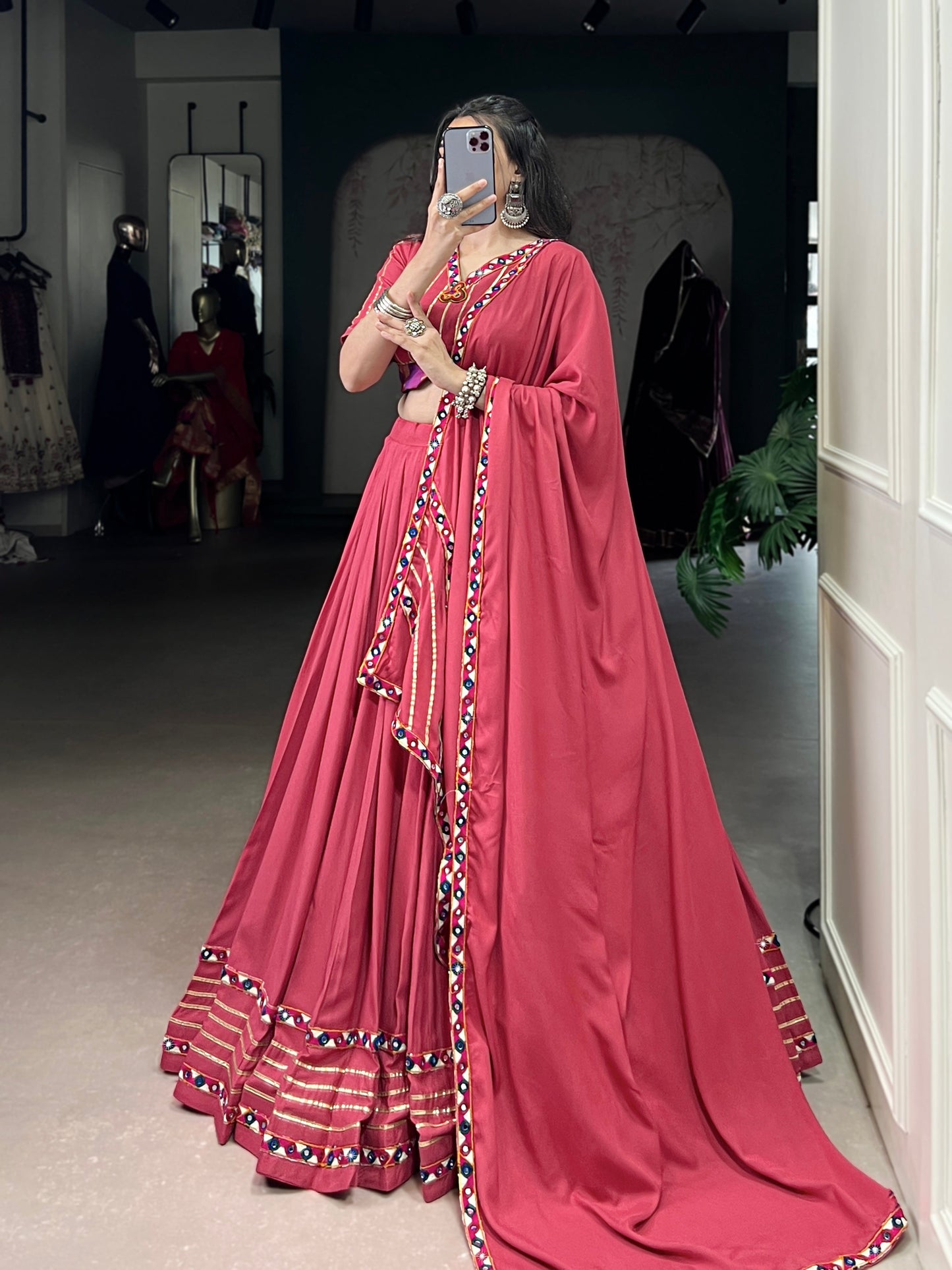 Lorenvalley Fashion Darkpink Pure Rayon Original Mirror Gamthi Work With Gotta Patti Lace Touch Up Lehenga Choli with Dupatta | Swadesiicart