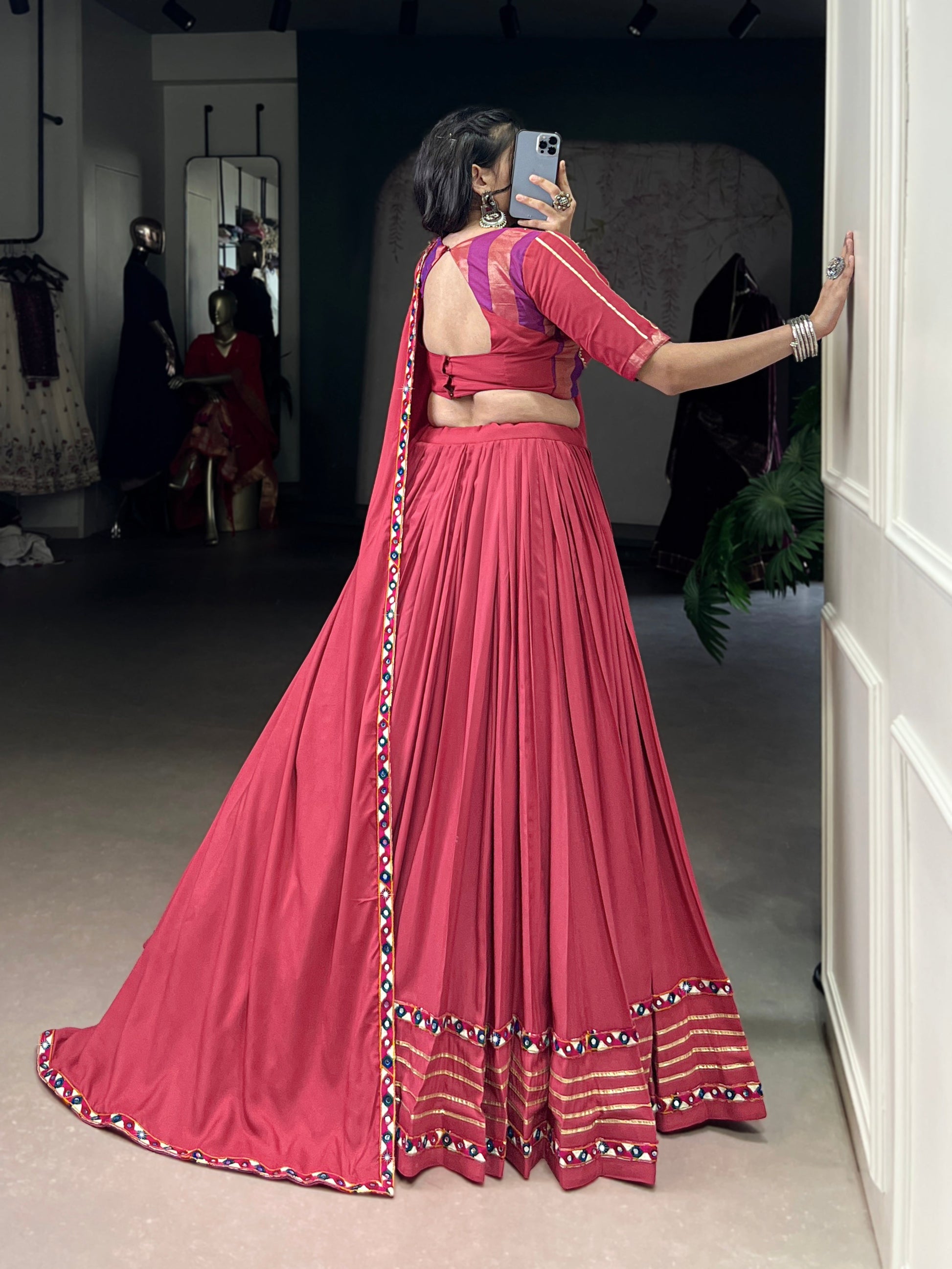 Lorenvalley Fashion Darkpink Pure Rayon Original Mirror Gamthi Work With Gotta Patti Lace Touch Up Lehenga Choli with Dupatta | Swadesiicart