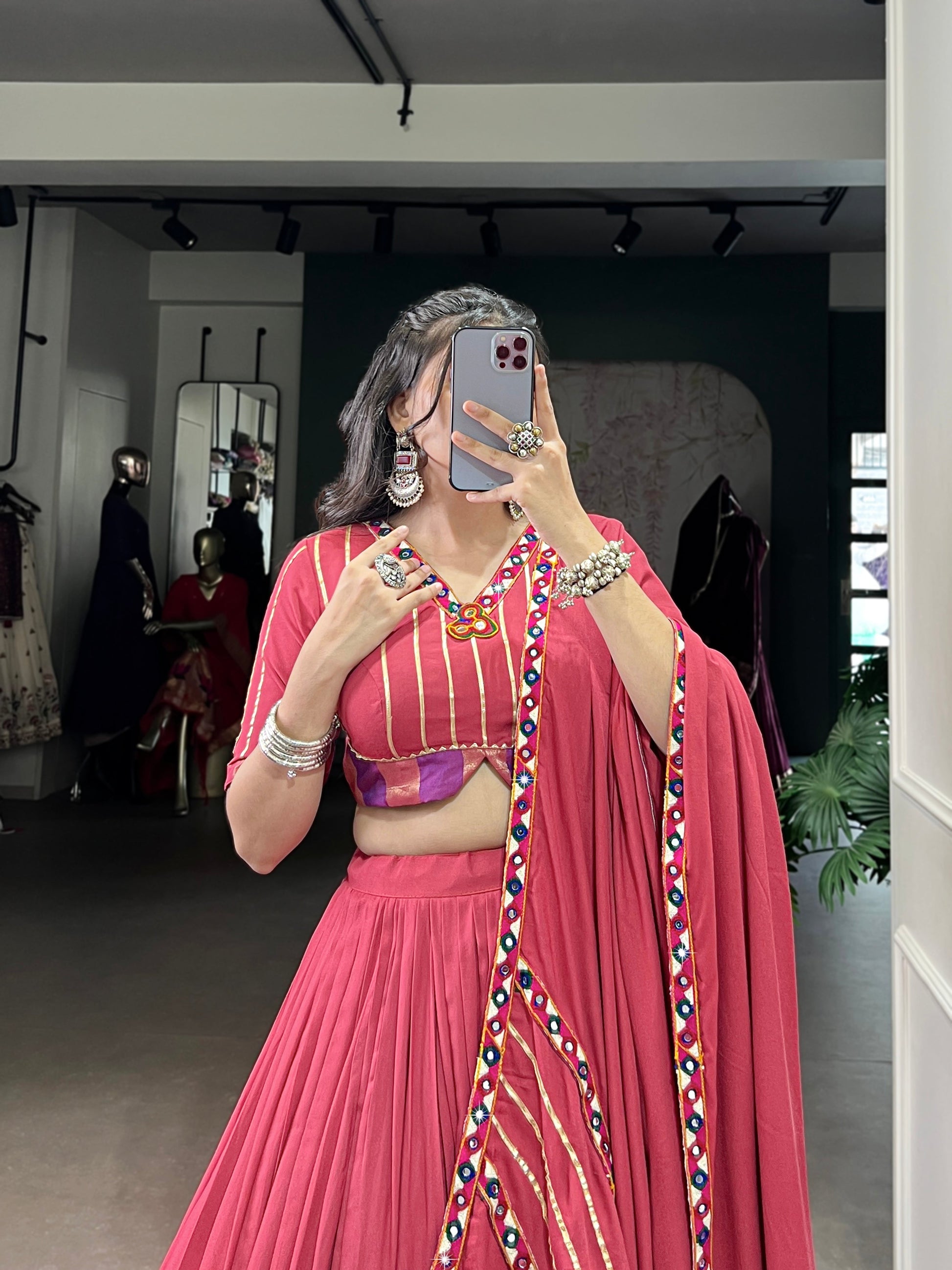 Lorenvalley Fashion Darkpink Pure Rayon Original Mirror Gamthi Work With Gotta Patti Lace Touch Up Lehenga Choli with Dupatta | Swadesiicart