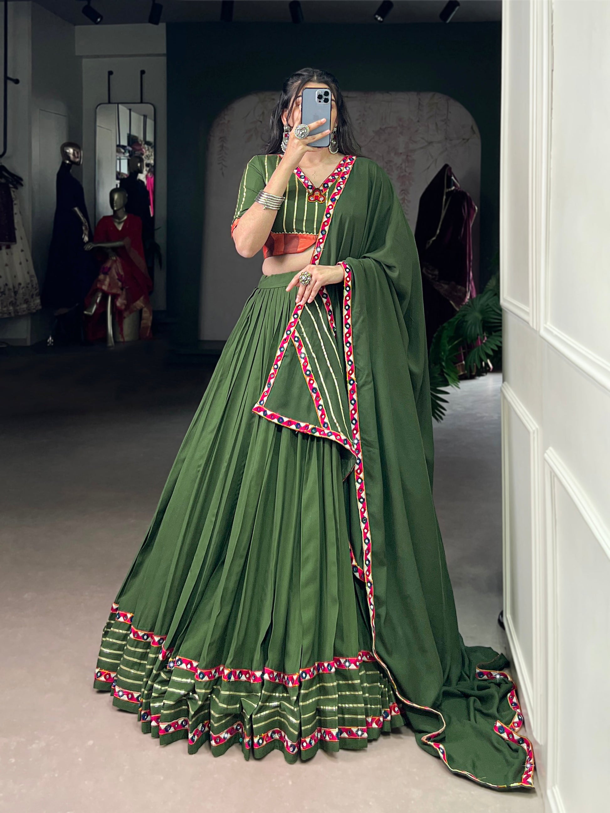 Lorenvalley Fashion Mahendi Pure Rayon Original Mirror Gamthi Work With Gotta Patti Lace Touch Up Lehenga Choli with Dupatta | Swadesiicart
