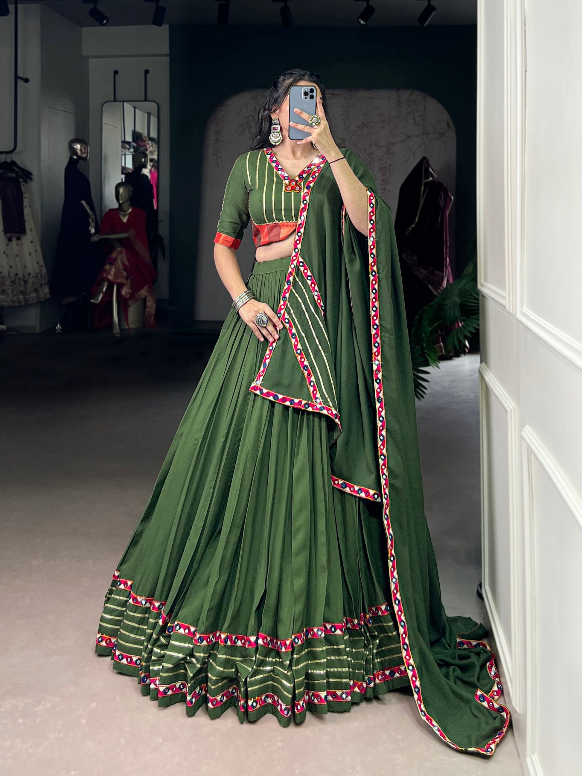 Lorenvalley Fashion Mahendi Pure Rayon Original Mirror Gamthi Work With Gotta Patti Lace Touch Up Lehenga Choli with Dupatta | Swadesiicart