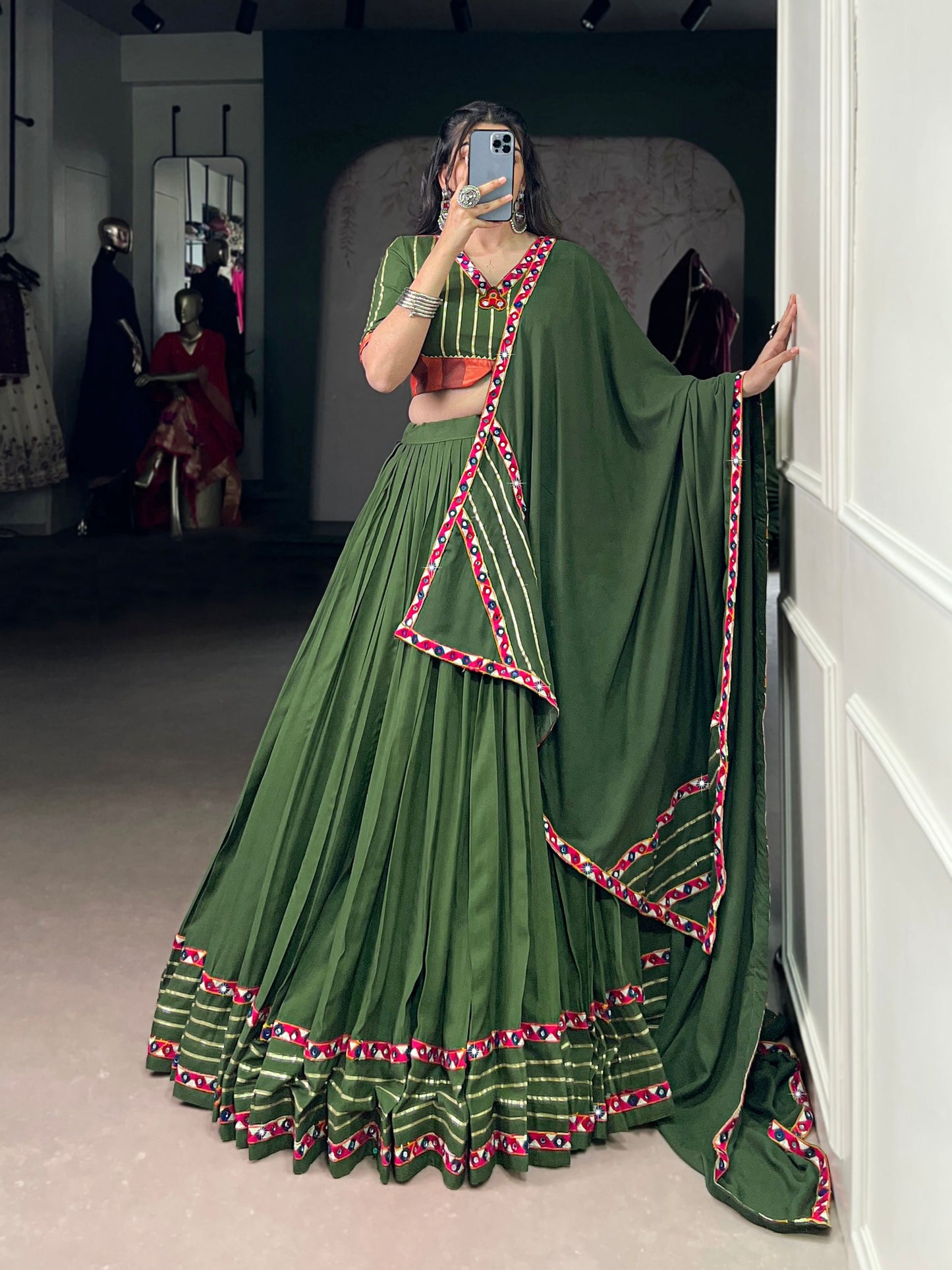 Lorenvalley Fashion Mahendi Pure Rayon Original Mirror Gamthi Work With Gotta Patti Lace Touch Up Lehenga Choli with Dupatta | Swadesiicart
