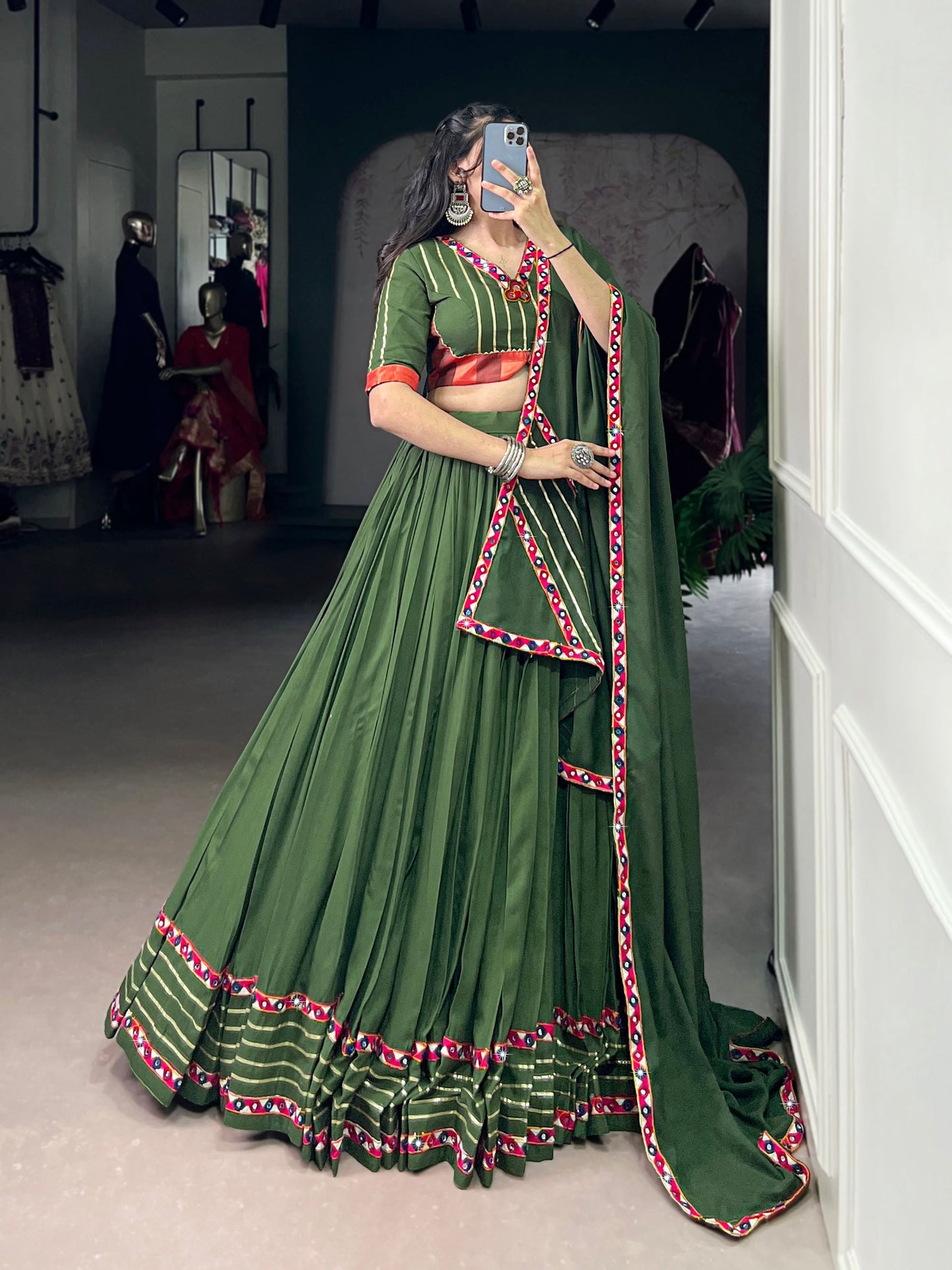 Lorenvalley Fashion Mahendi Pure Rayon Original Mirror Gamthi Work With Gotta Patti Lace Touch Up Lehenga Choli with Dupatta | Swadesiicart