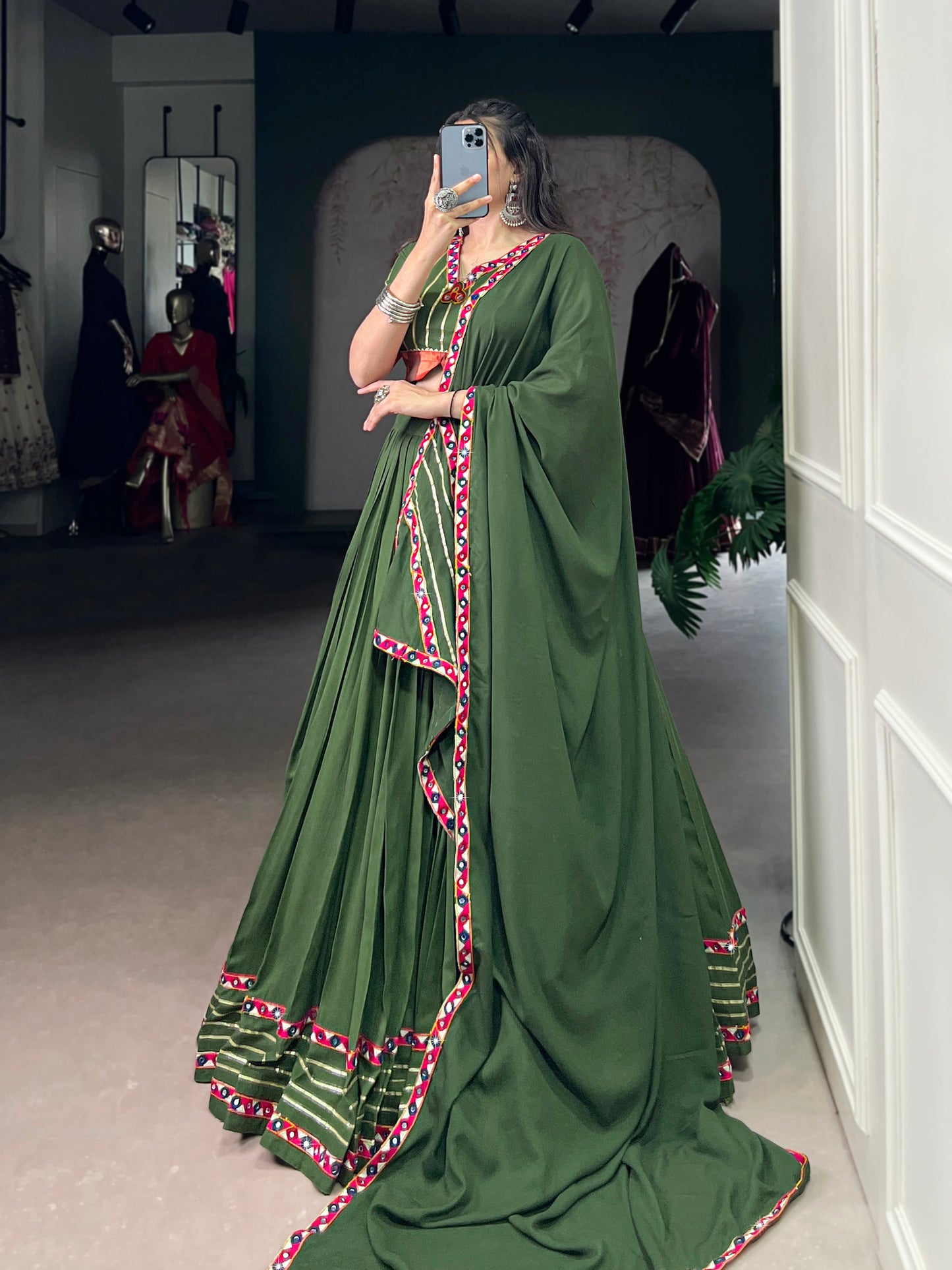 Lorenvalley Fashion Mahendi Pure Rayon Original Mirror Gamthi Work With Gotta Patti Lace Touch Up Lehenga Choli with Dupatta | Swadesiicart