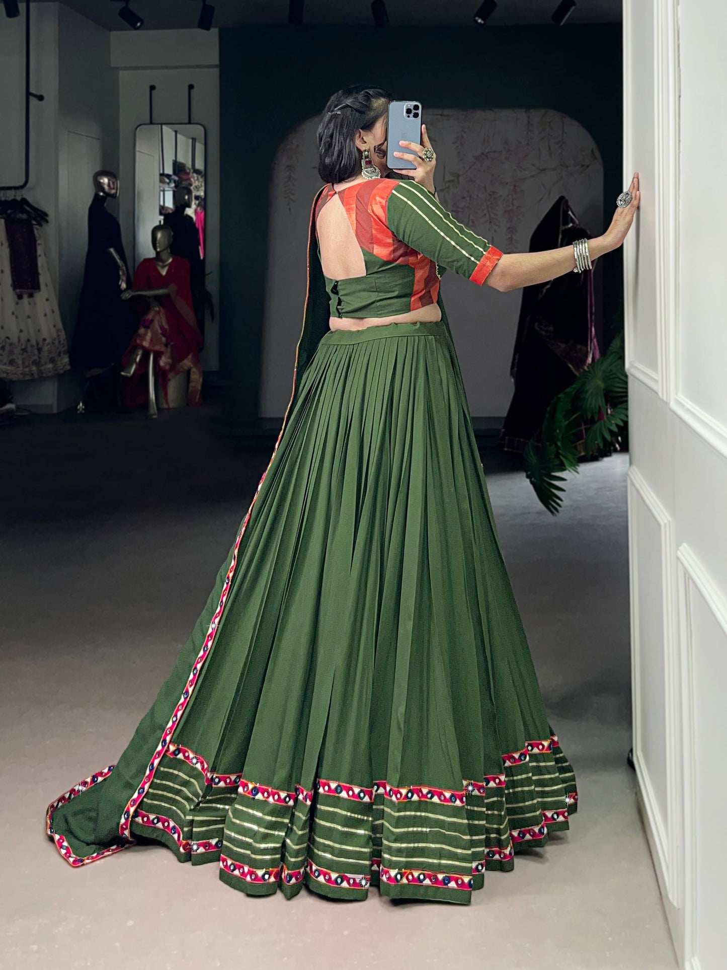 Lorenvalley Fashion Mahendi Pure Rayon Original Mirror Gamthi Work With Gotta Patti Lace Touch Up Lehenga Choli with Dupatta | Swadesiicart