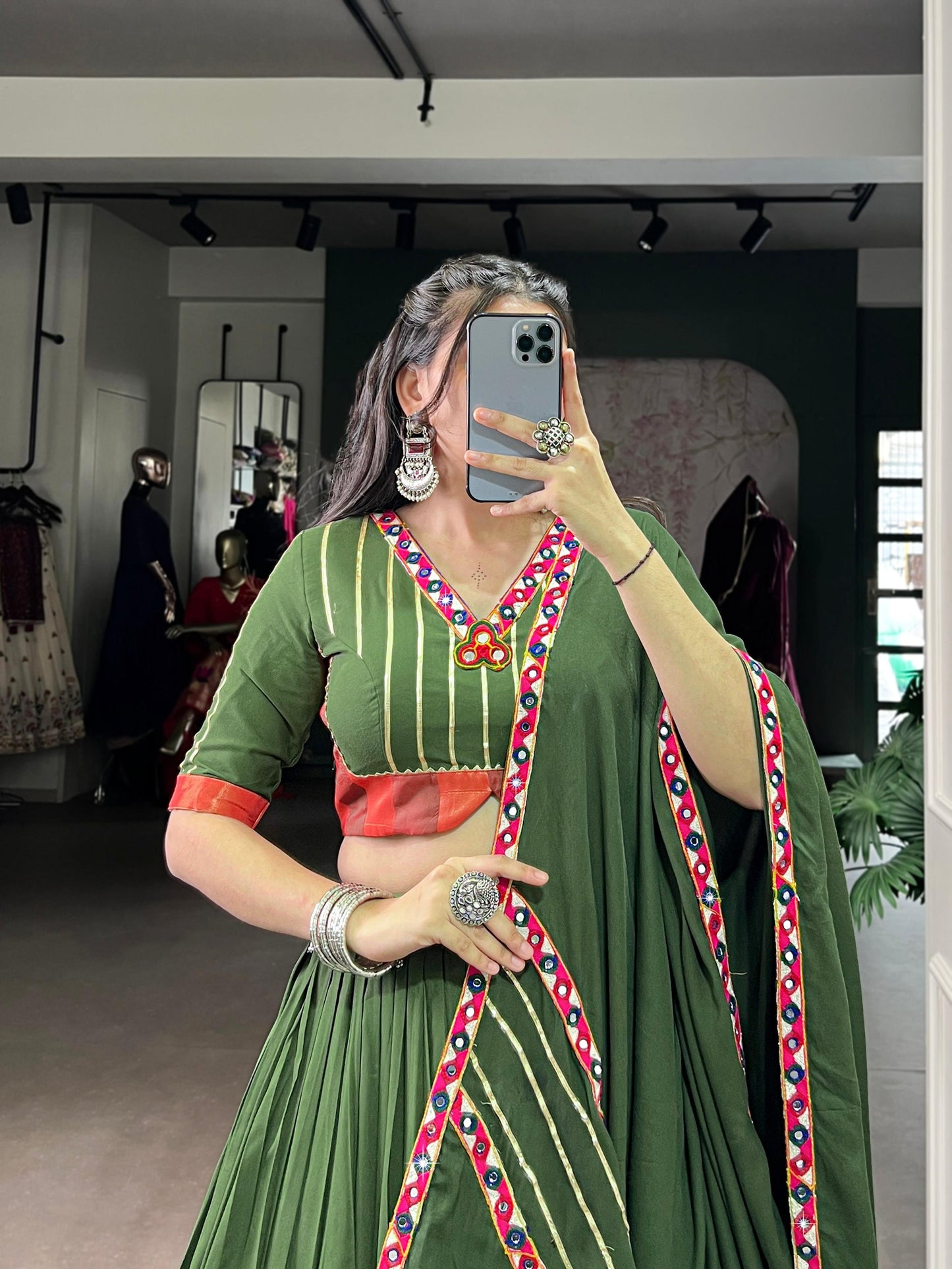 Lorenvalley Fashion Mahendi Pure Rayon Original Mirror Gamthi Work With Gotta Patti Lace Touch Up Lehenga Choli with Dupatta | Swadesiicart