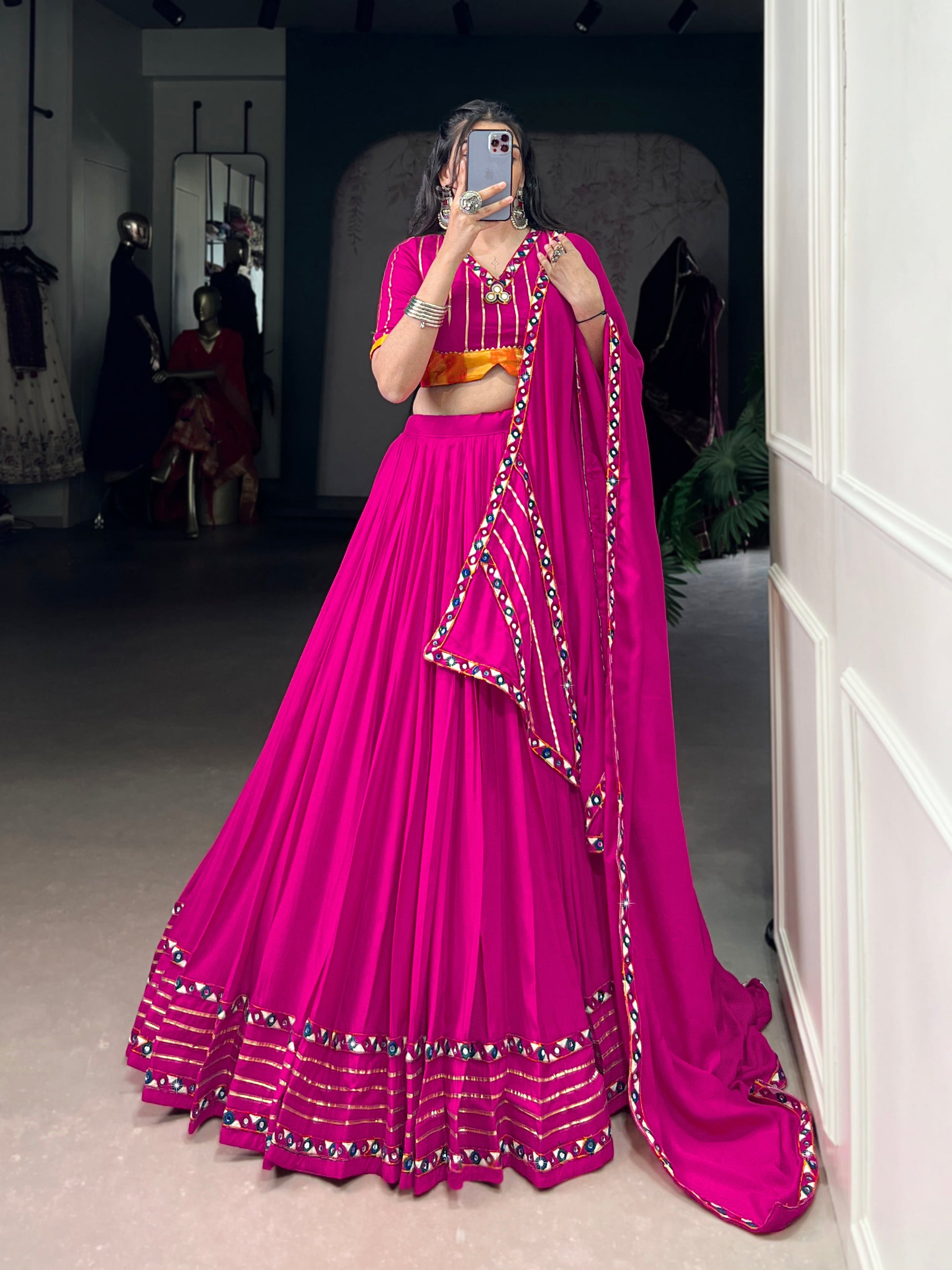 Lorenvalley Fashion Pink Pure Rayon Original Mirror Gamthi Work With Gotta Patti Lace Touch Up Lehenga Choli with Dupatta | Swadesiicart