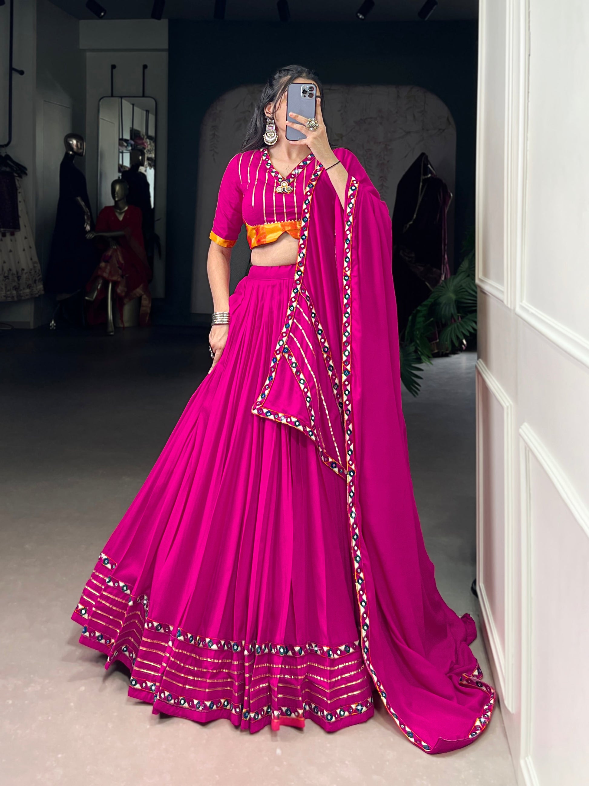 Lorenvalley Fashion Pink Pure Rayon Original Mirror Gamthi Work With Gotta Patti Lace Touch Up Lehenga Choli with Dupatta | Swadesiicart