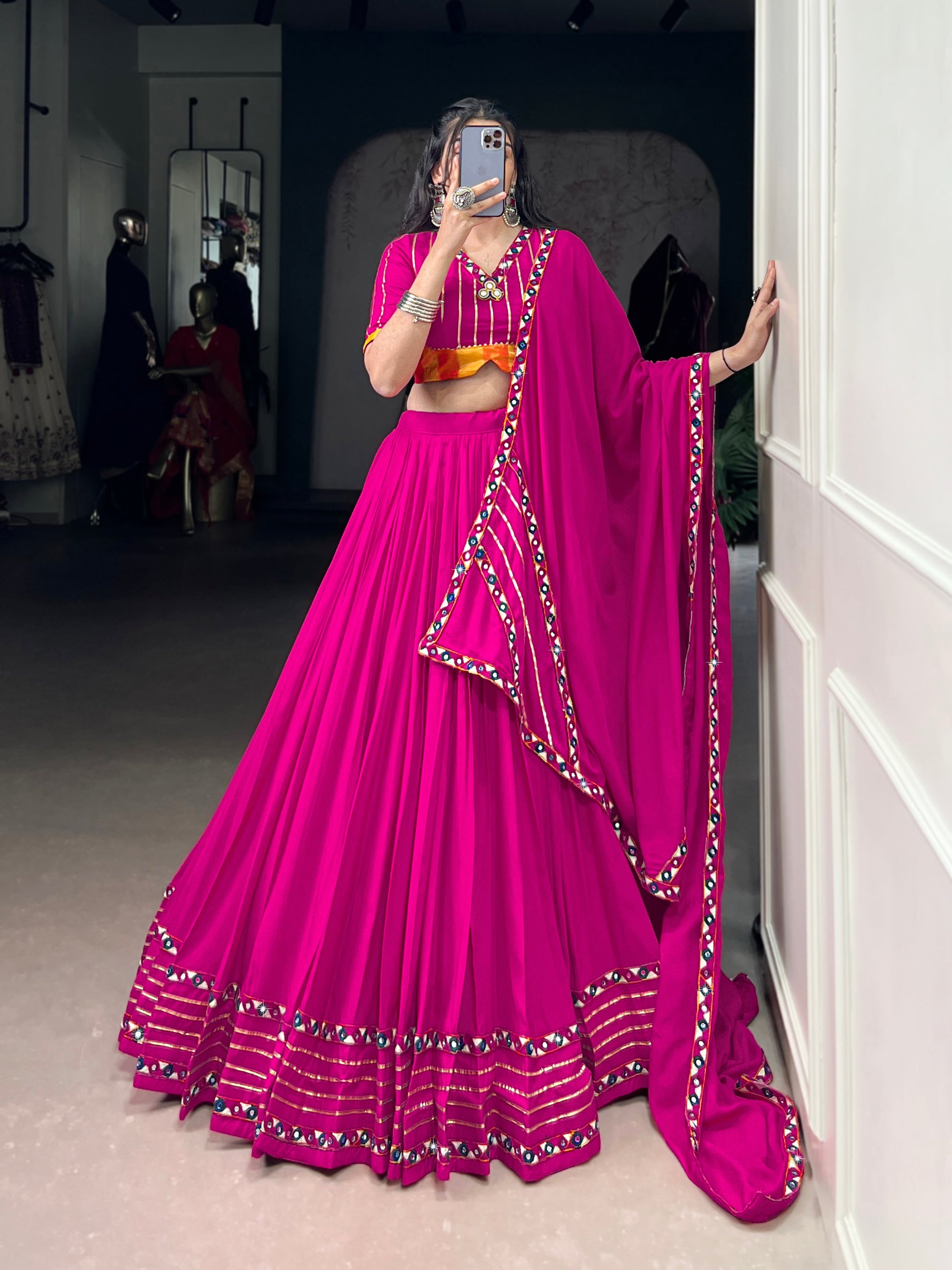 Lorenvalley Fashion Pink Pure Rayon Original Mirror Gamthi Work With Gotta Patti Lace Touch Up Lehenga Choli with Dupatta | Swadesiicart