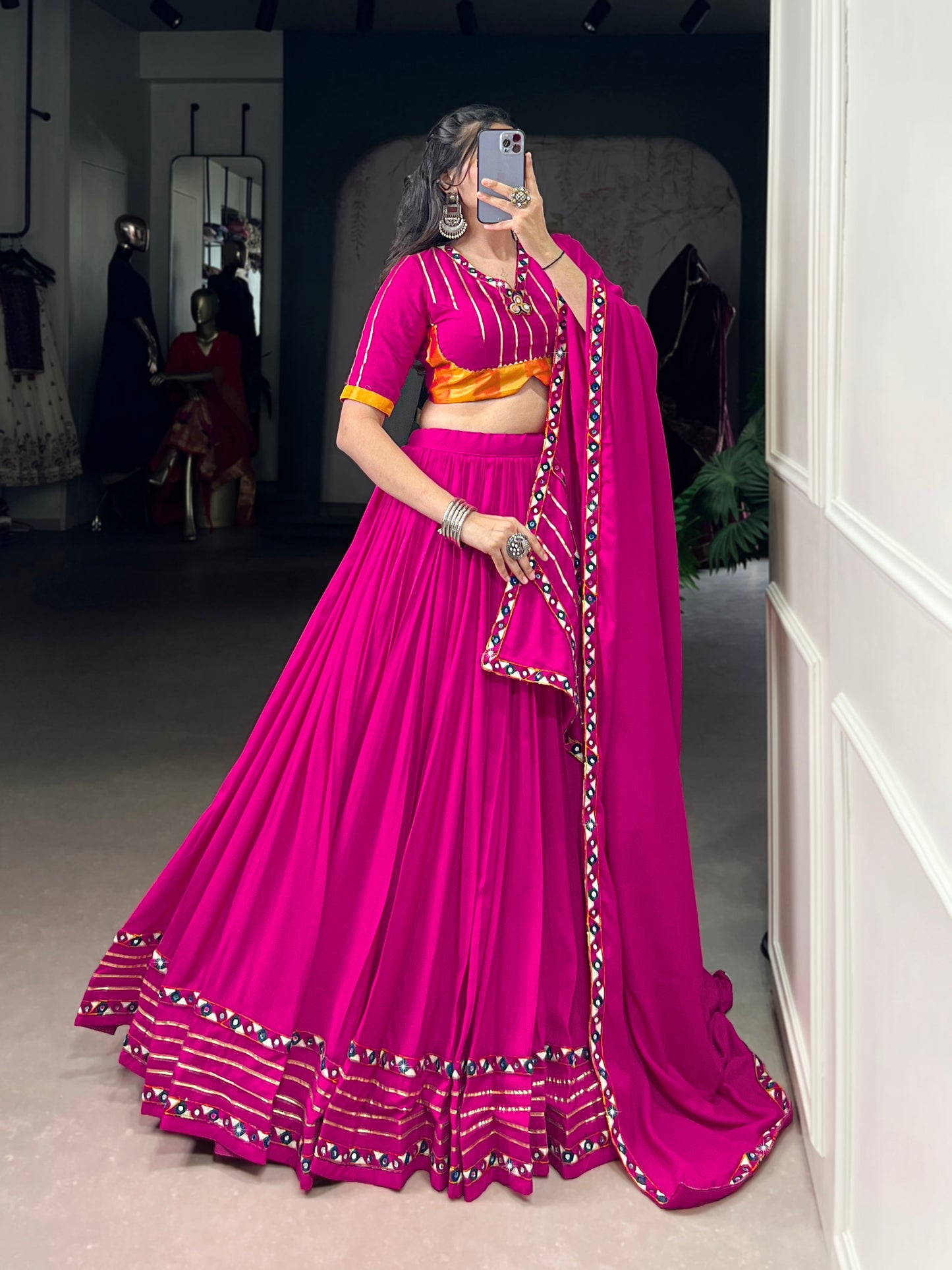 Lorenvalley Fashion Pink Pure Rayon Original Mirror Gamthi Work With Gotta Patti Lace Touch Up Lehenga Choli with Dupatta | Swadesiicart