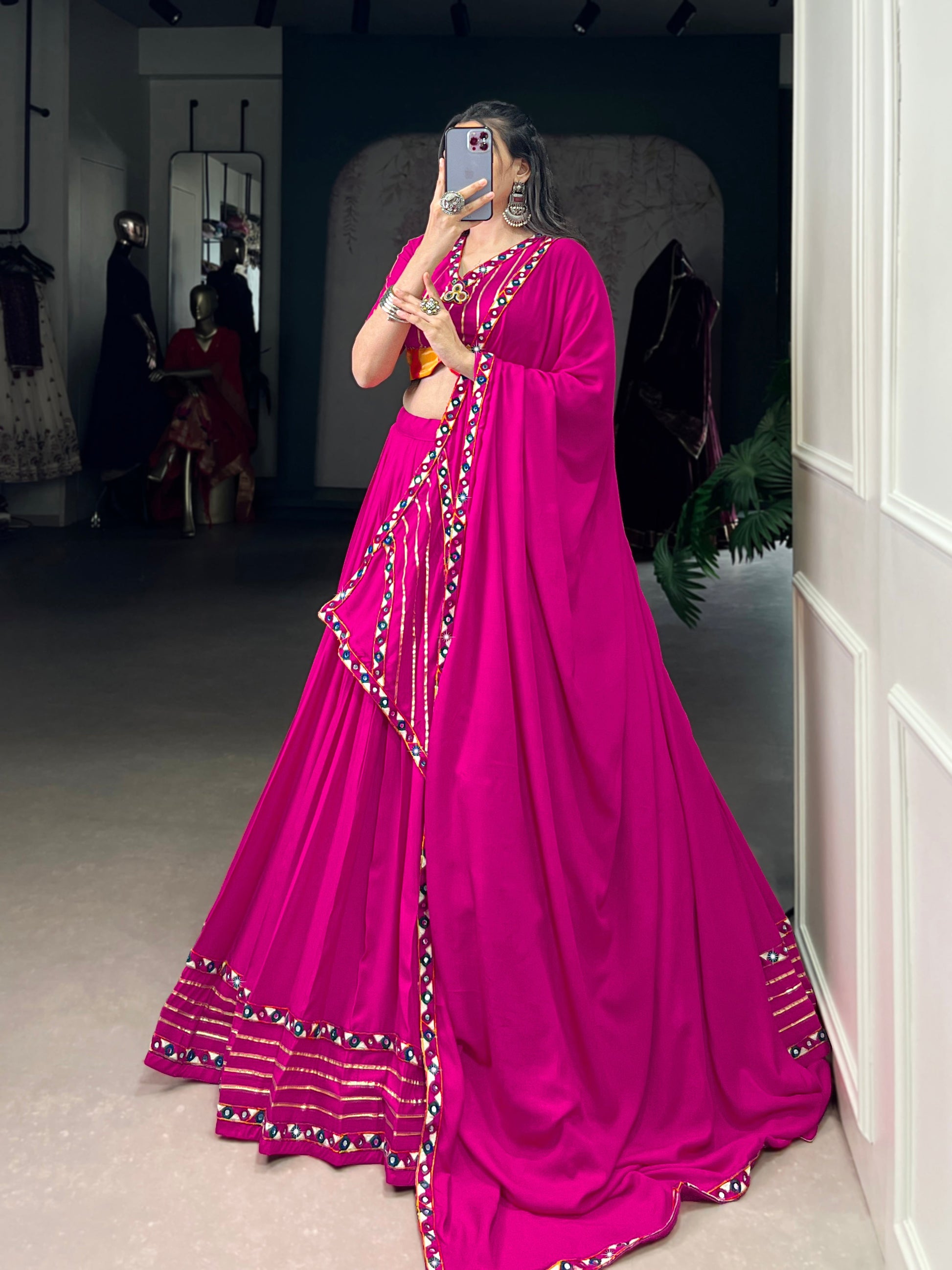 Lorenvalley Fashion Pink Pure Rayon Original Mirror Gamthi Work With Gotta Patti Lace Touch Up Lehenga Choli with Dupatta | Swadesiicart