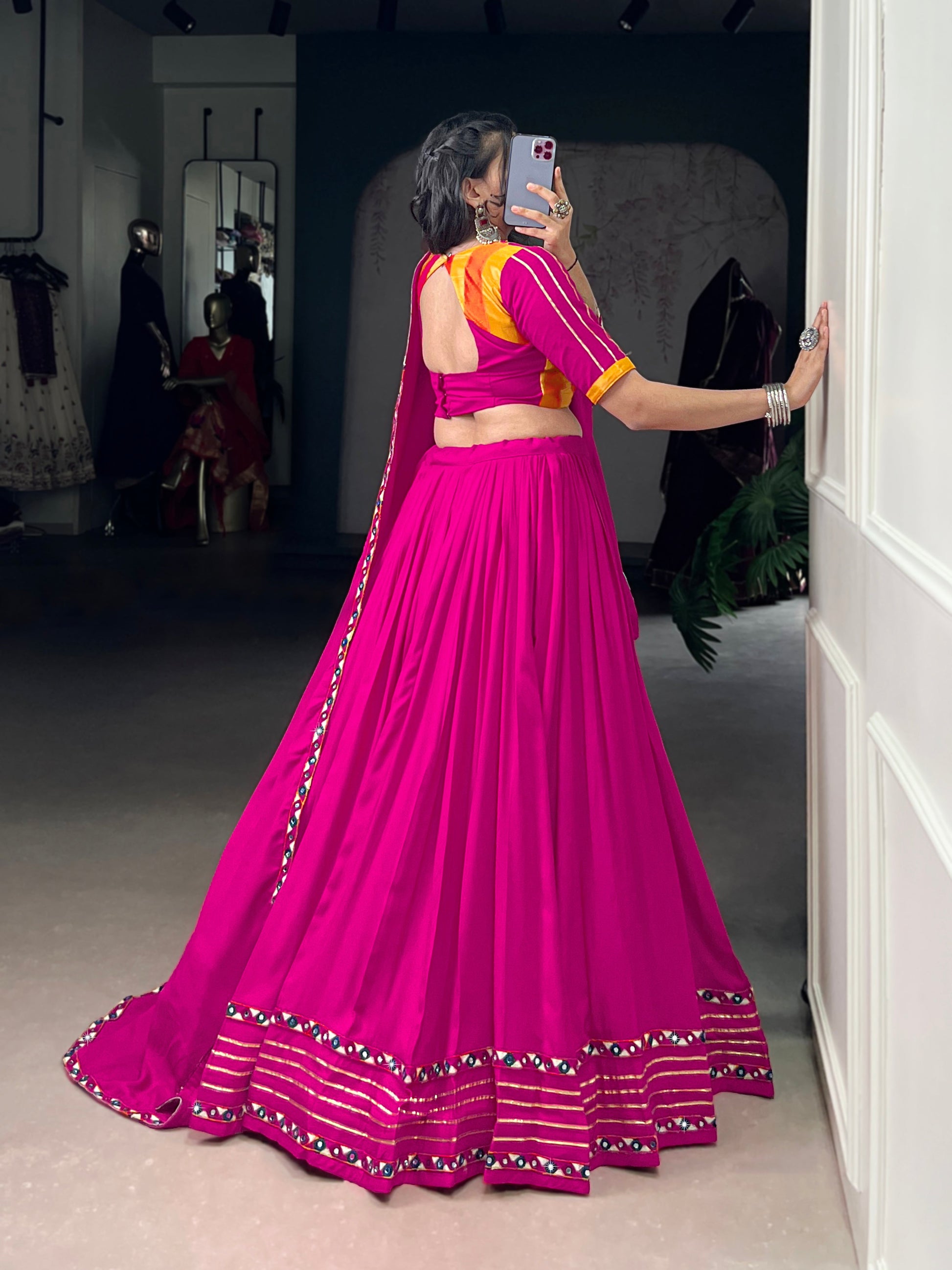 Lorenvalley Fashion Pink Pure Rayon Original Mirror Gamthi Work With Gotta Patti Lace Touch Up Lehenga Choli with Dupatta | Swadesiicart