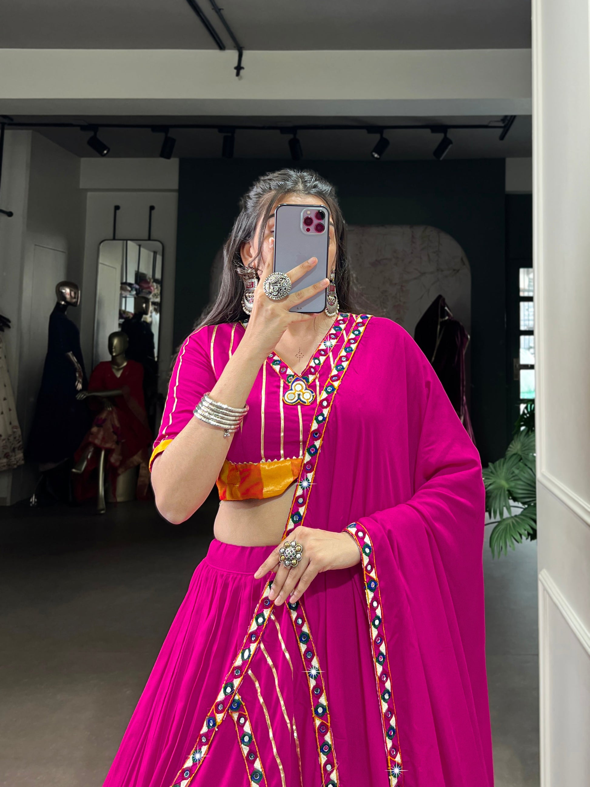 Lorenvalley Fashion Pink Pure Rayon Original Mirror Gamthi Work With Gotta Patti Lace Touch Up Lehenga Choli with Dupatta | Swadesiicart