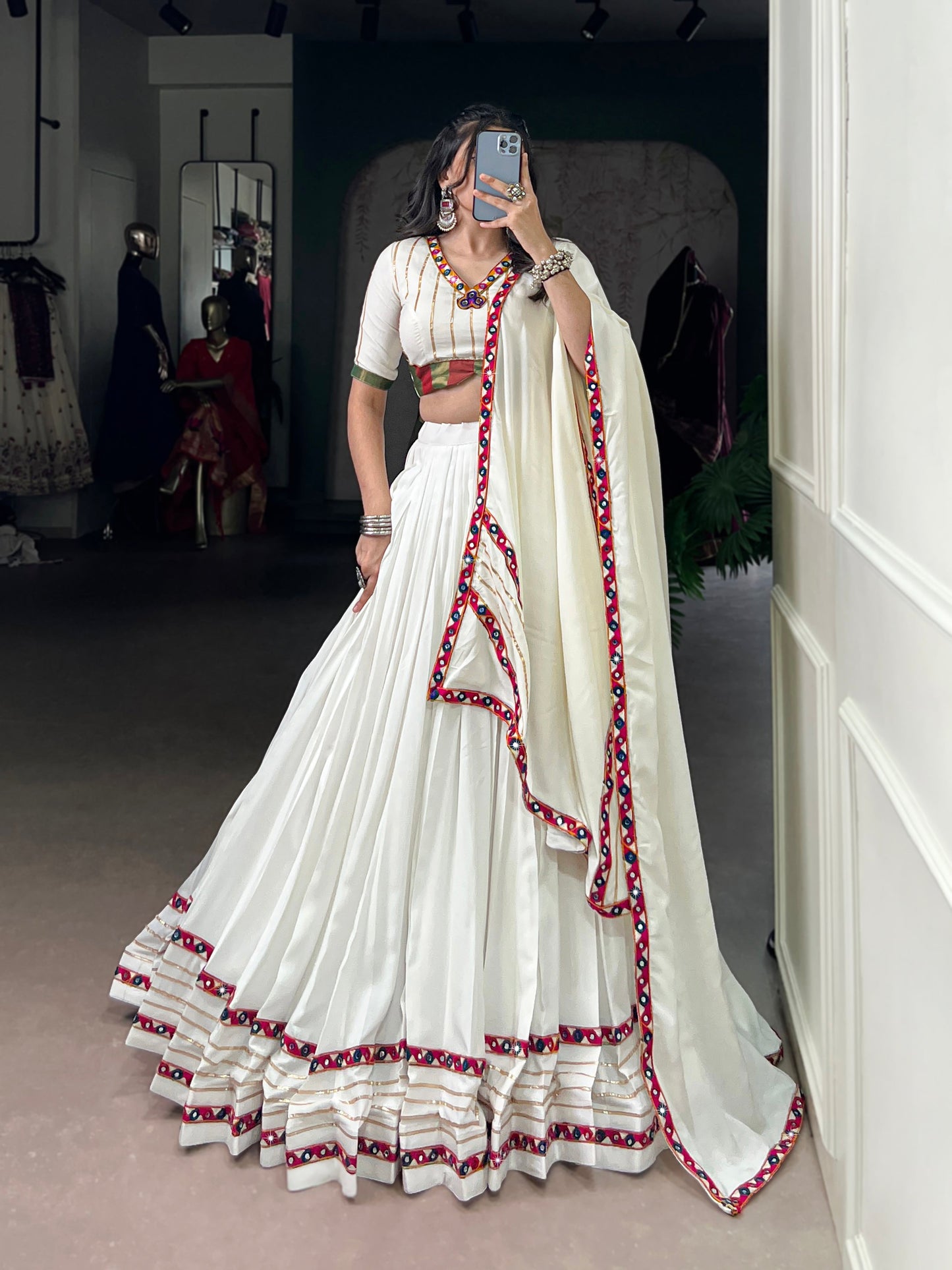 Lorenvalley Fashion White Pure Rayon Original Mirror Gamthi Work With Gotta Patti Lace Touch Up Lehenga Choli with Dupatta | Swadesiicart